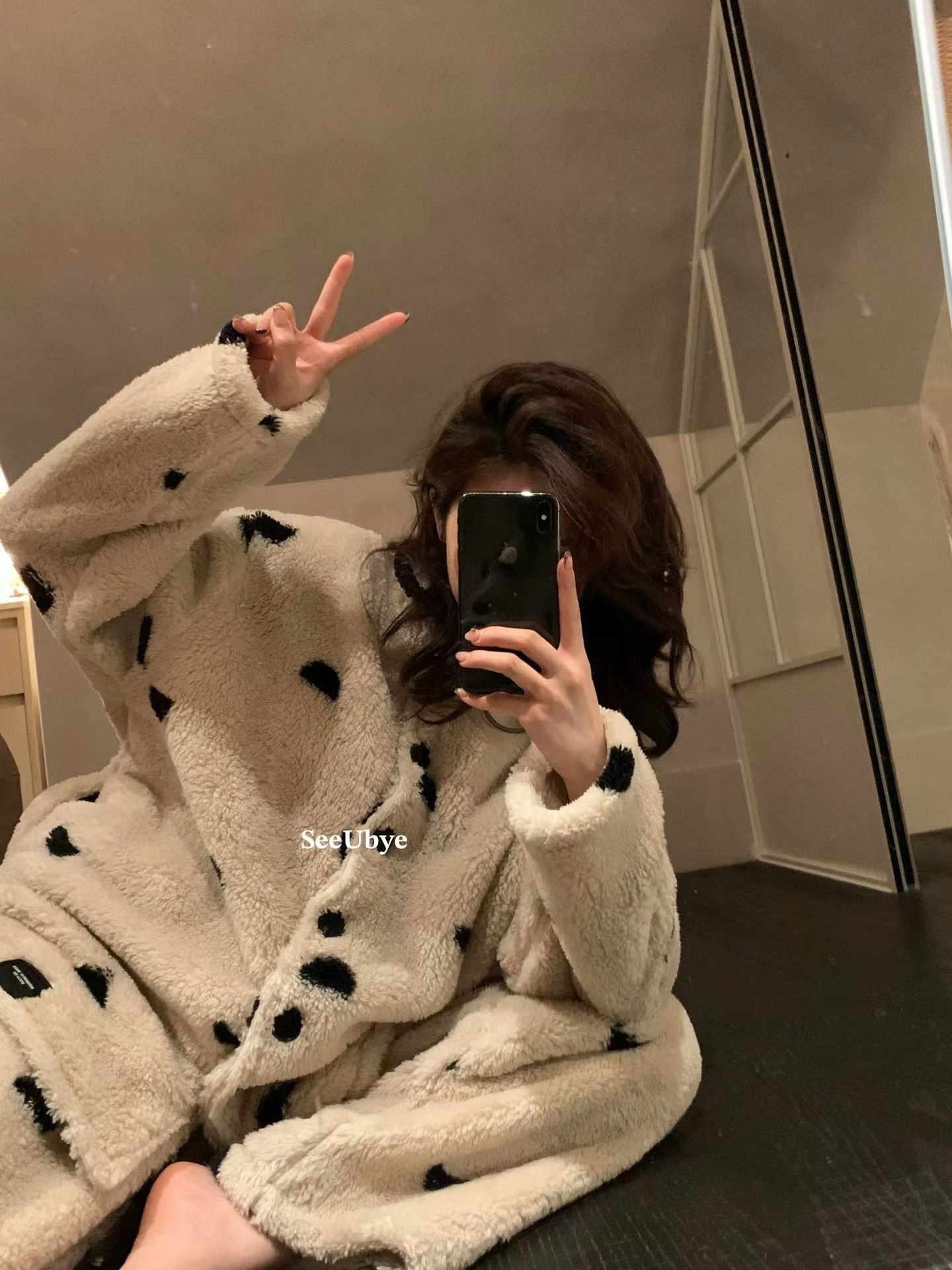 可以外穿的波點毛絨居家服｜厚絨「防靜」