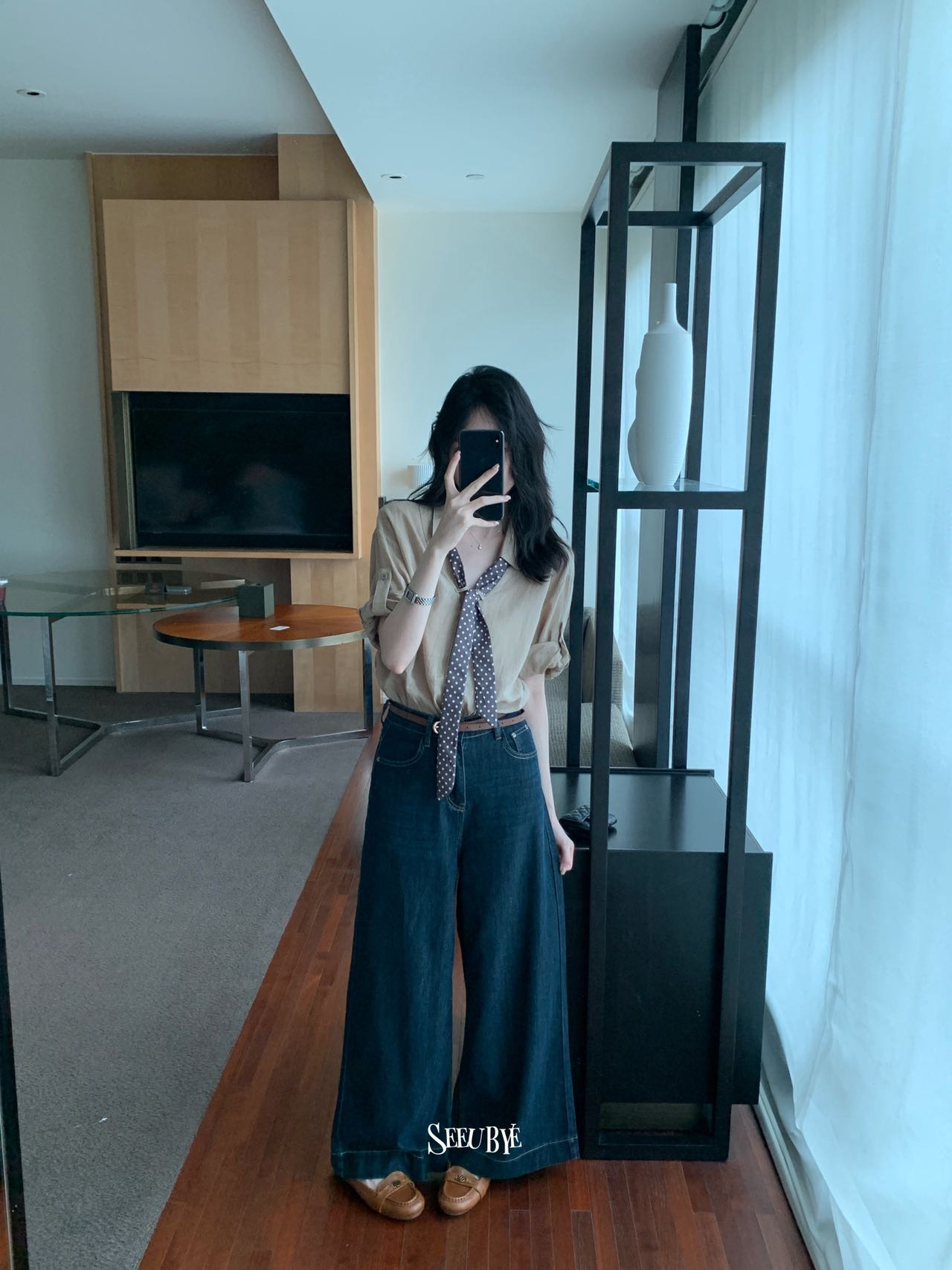 波點飄帶麻感襯衫4