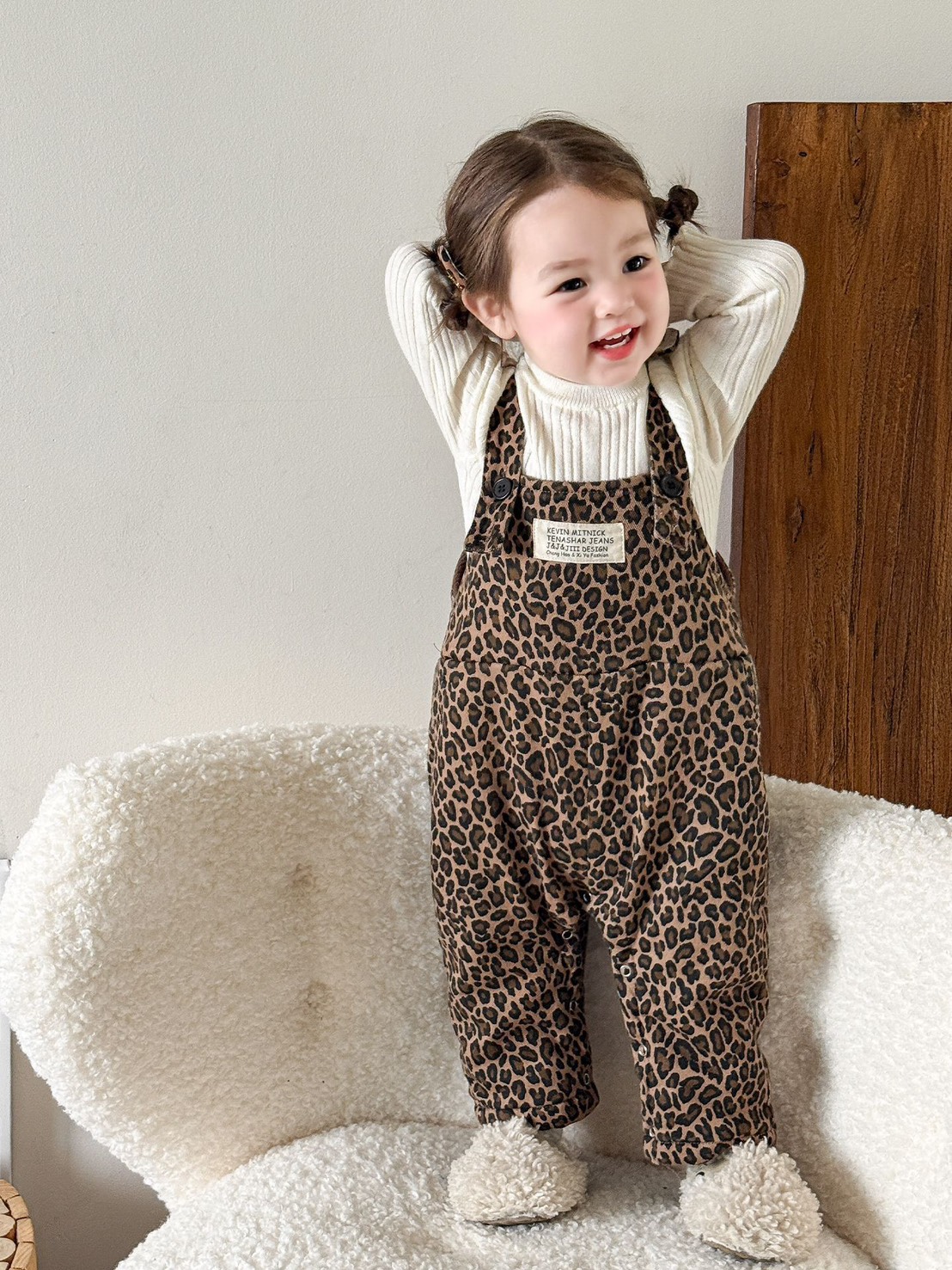 超Q豹紋下開扣吊帶褲