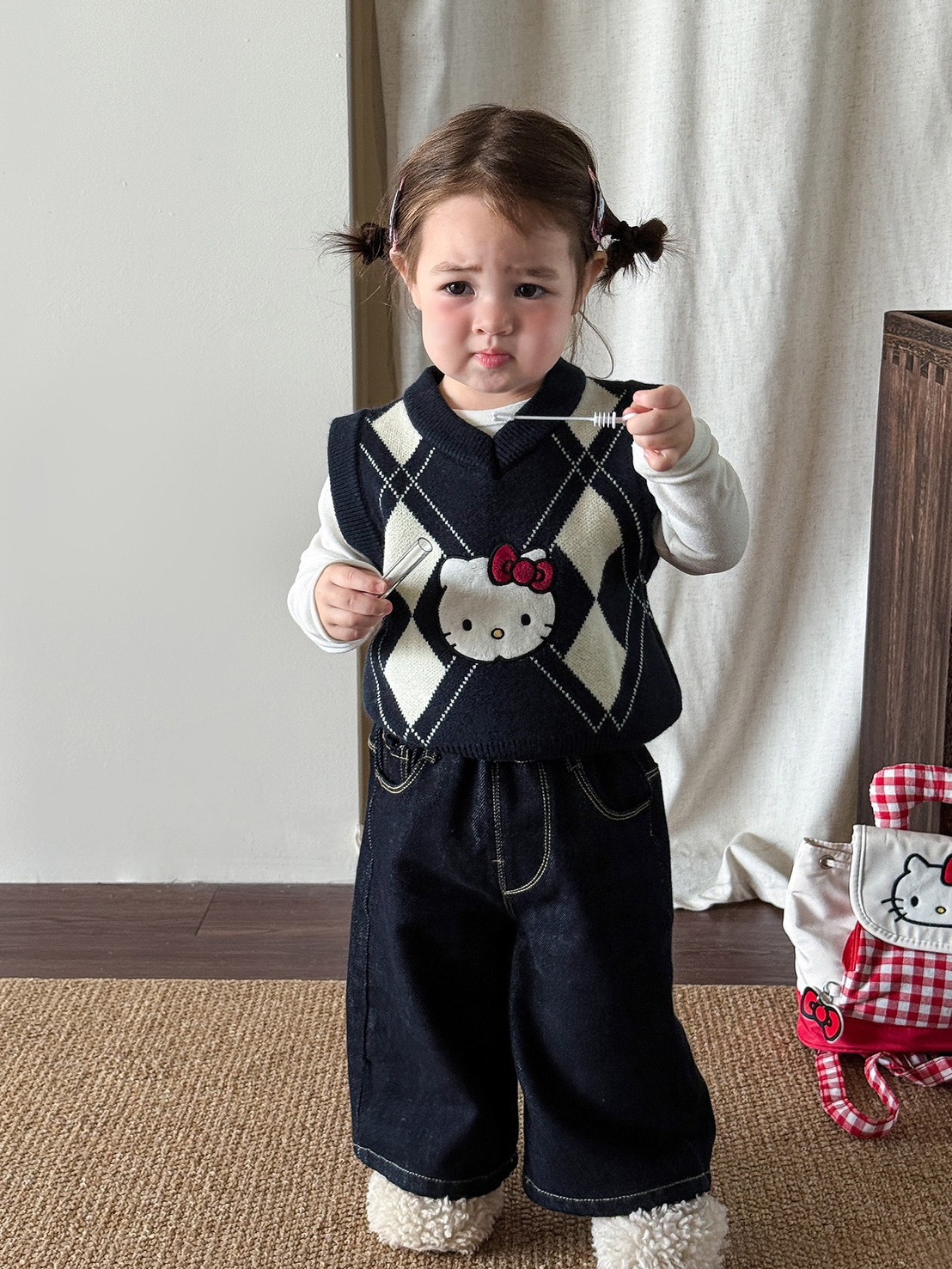 Kitty菱格針織馬甲/牛仔褲