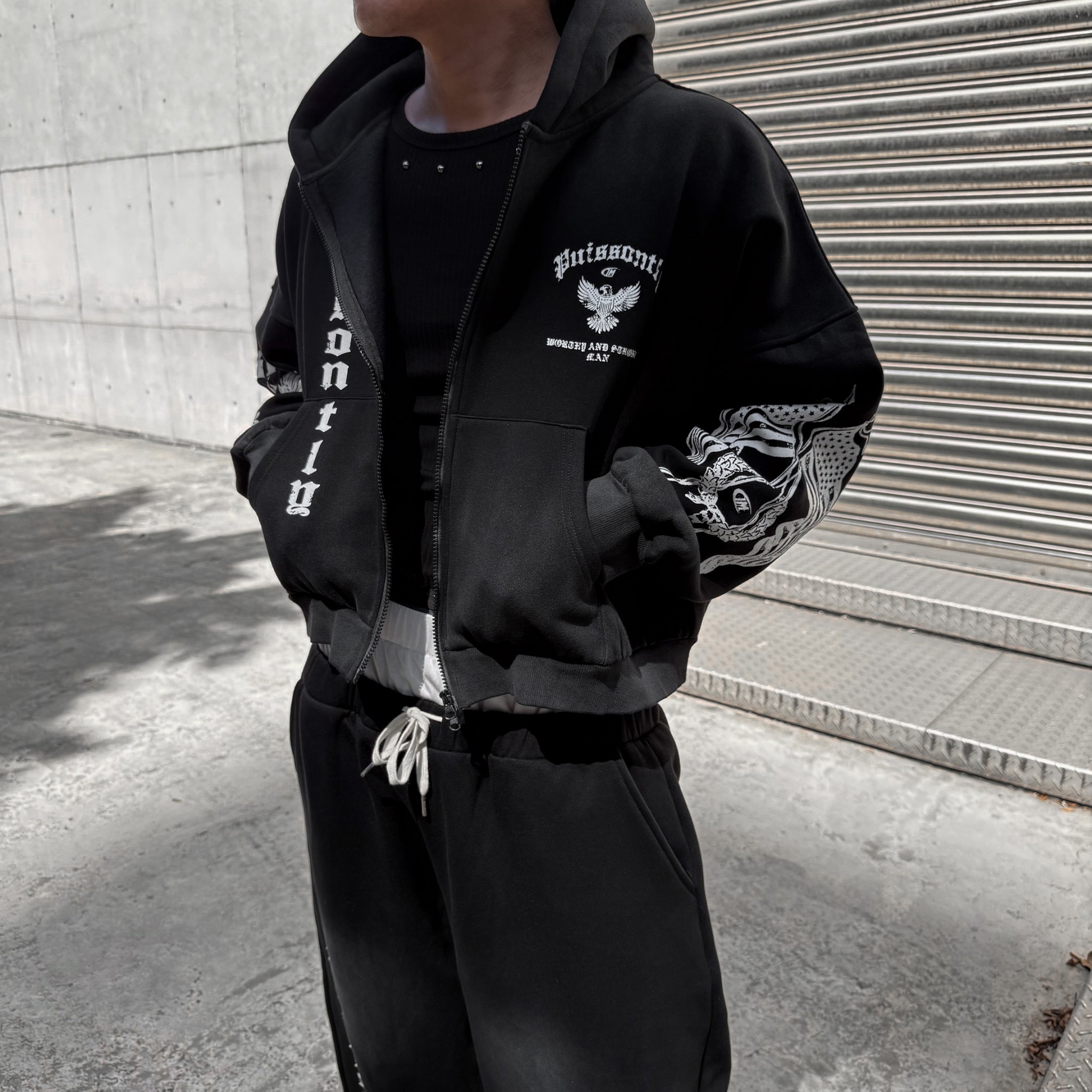 仿舊水洗街頭個性厚磅棉質連帽套裝1