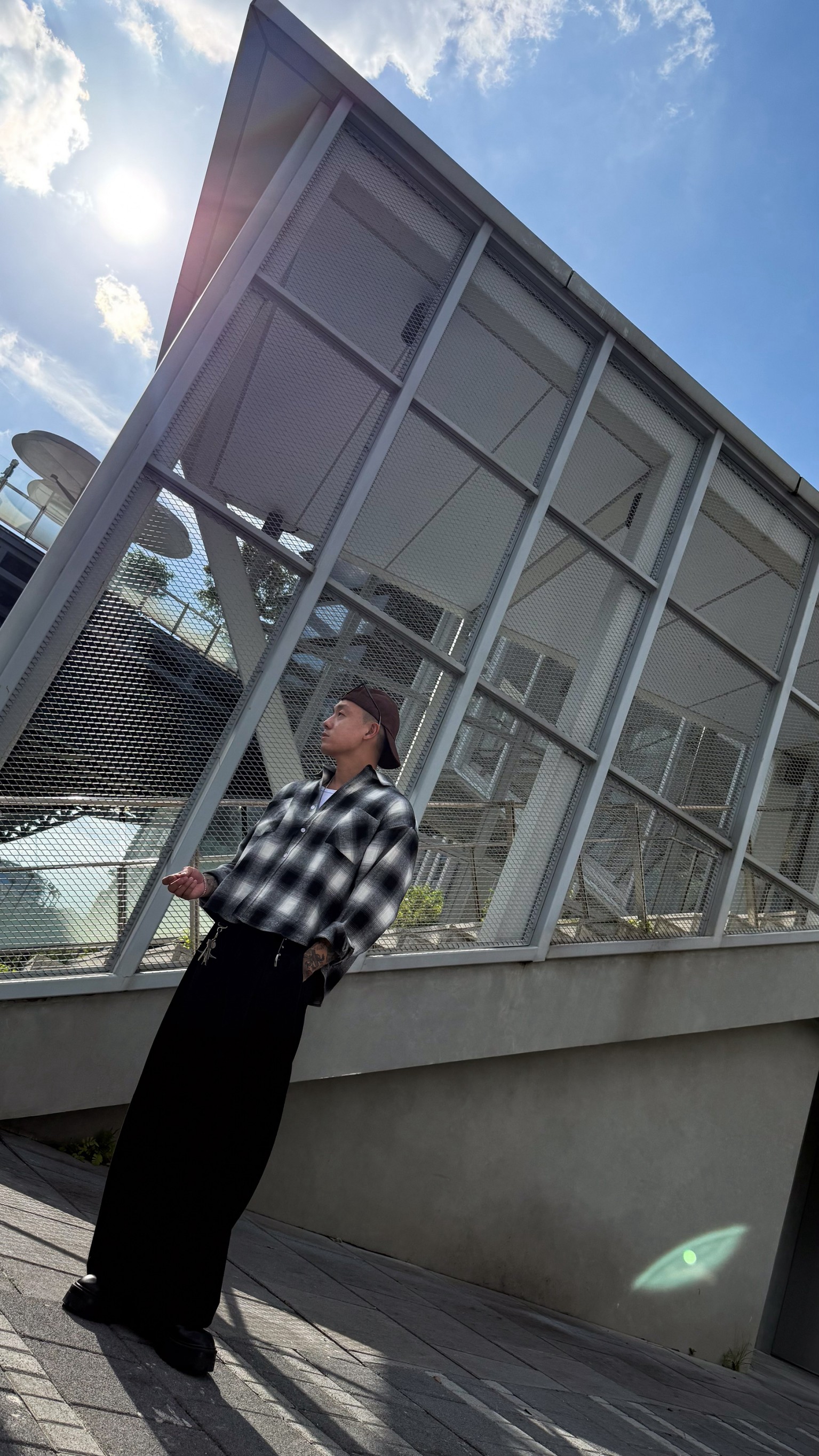 漸層微絨寬短版口袋長袖格紋衫8