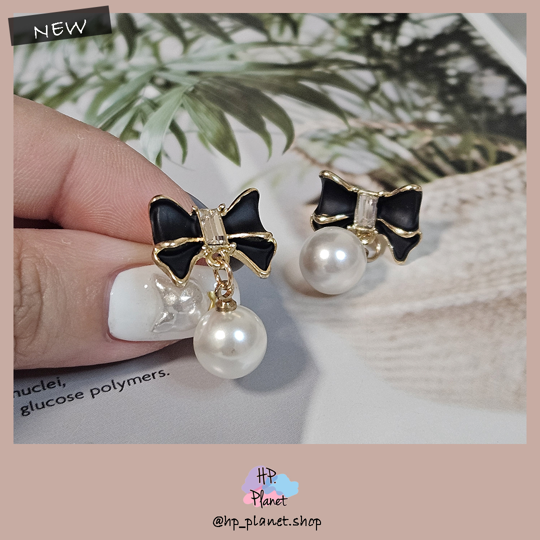 名媛淑女感鑲邊黑色蝴蝶結大珍珠925銀針 名媛淑女感鑲邊黑色蝴蝶結大珍珠925銀針