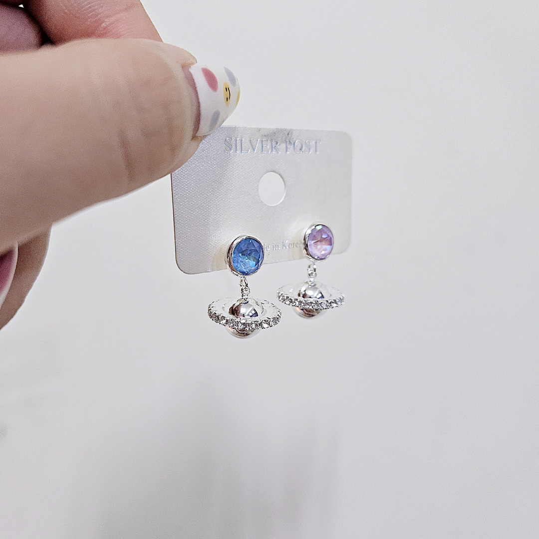 正韓  撞色水晶鑽土星925銀針