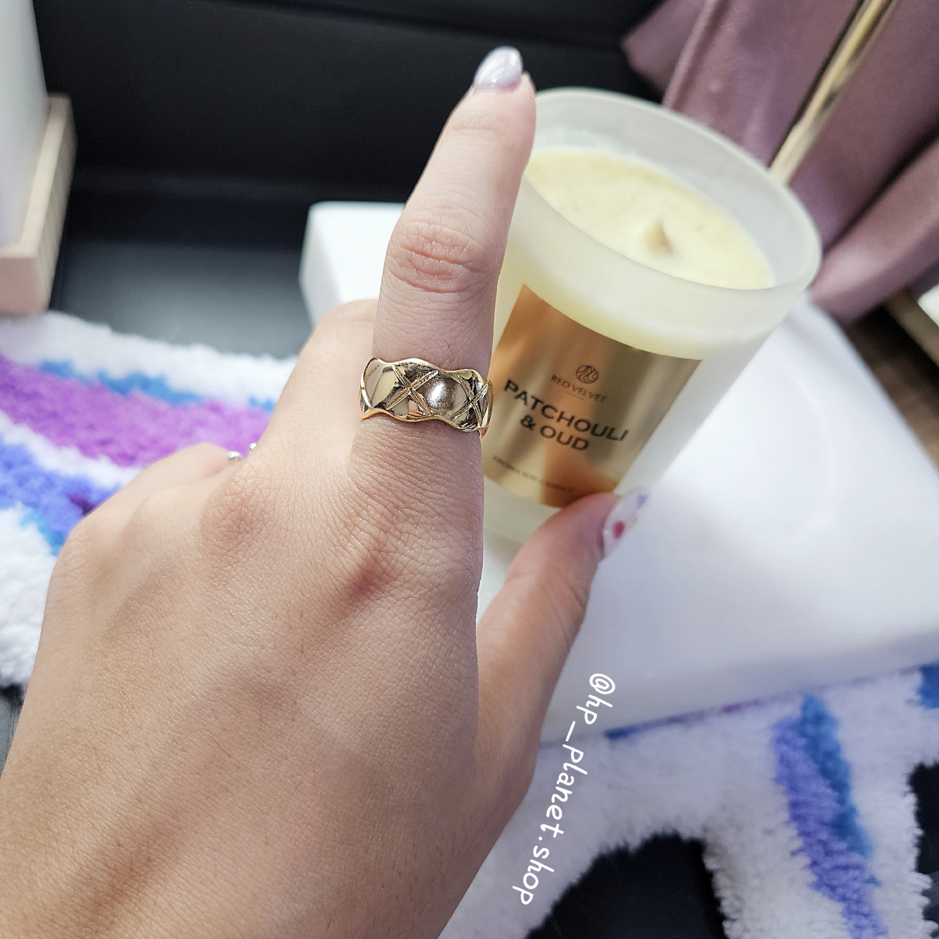 正韓 寬版經典菱格紋可調式戒指