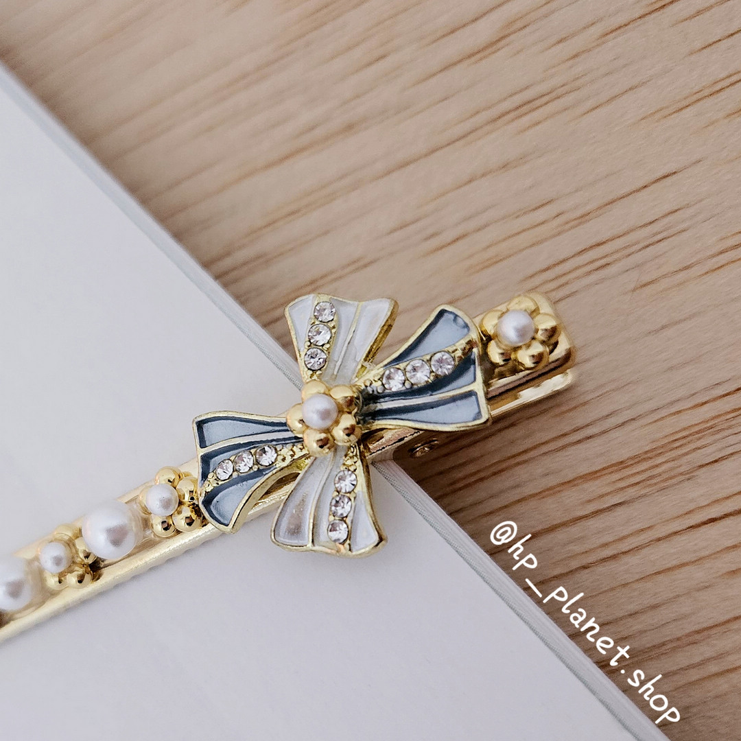 正韓 仙女系藍色滴油緞帶金色珍珠小花壓夾
