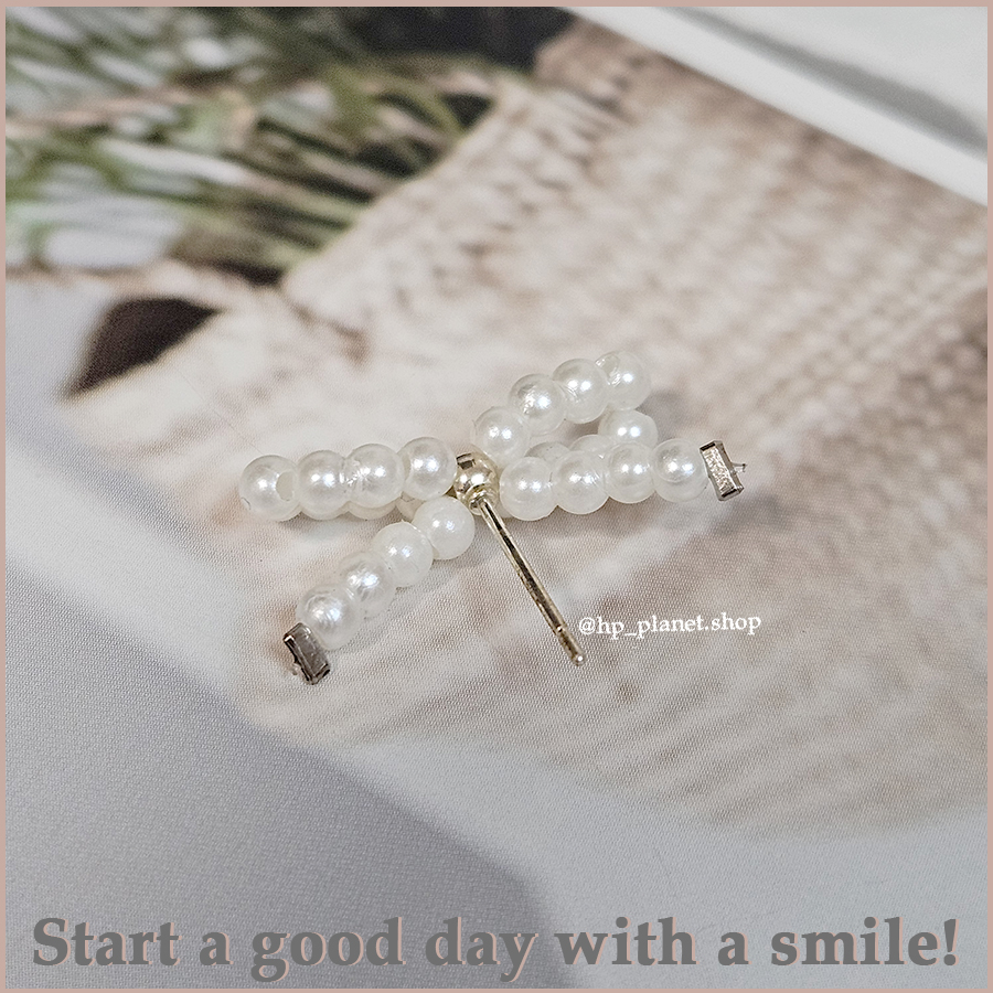 韓版 小珍珠緞帶蝴蝶結925銀針