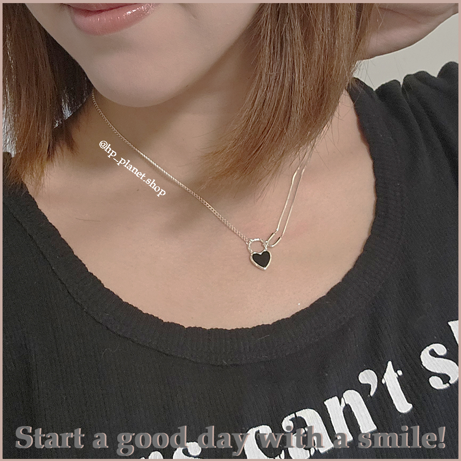 H闆大愛新品!不對稱雙鏈條黑色油滴愛心鎖頭925純銀項鏈