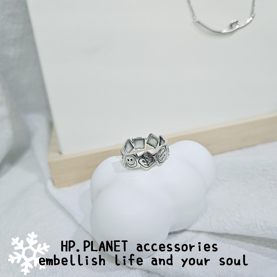 復古方塊笑臉字母星星925銀戒指