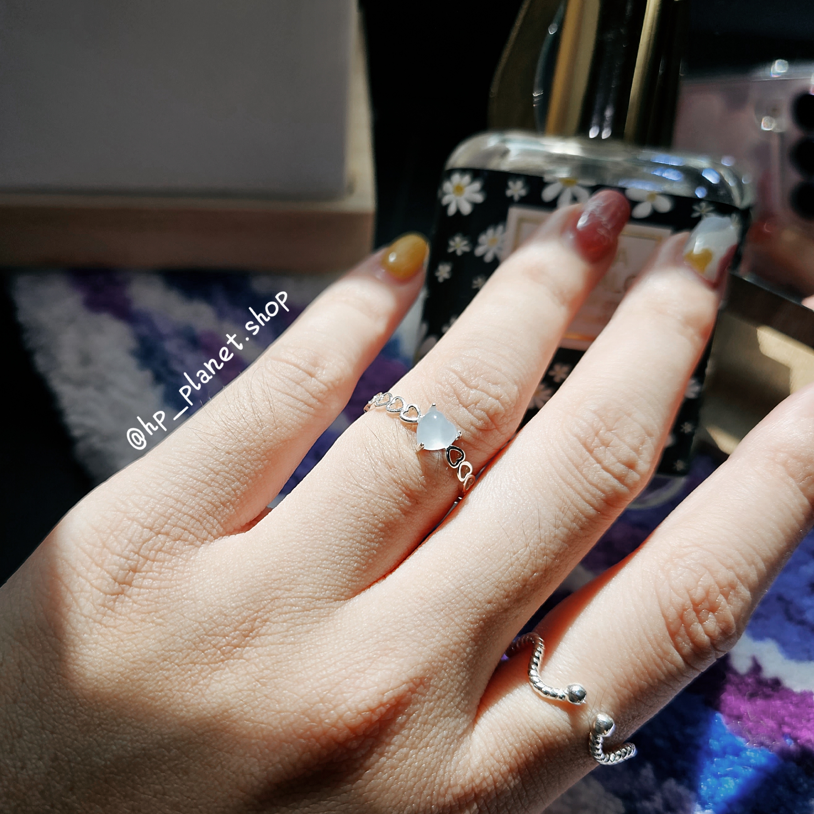 正韓 H自留藍色愛心鏤空可調式925銀戒