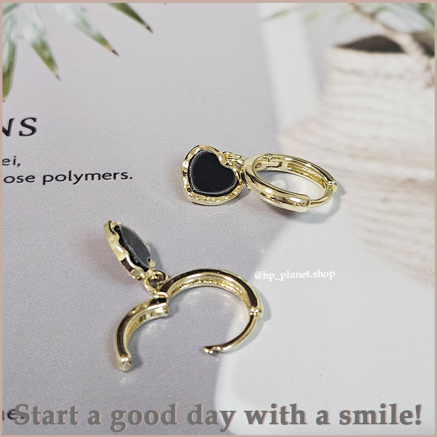 復古黑色愛心925銀針金色耳環