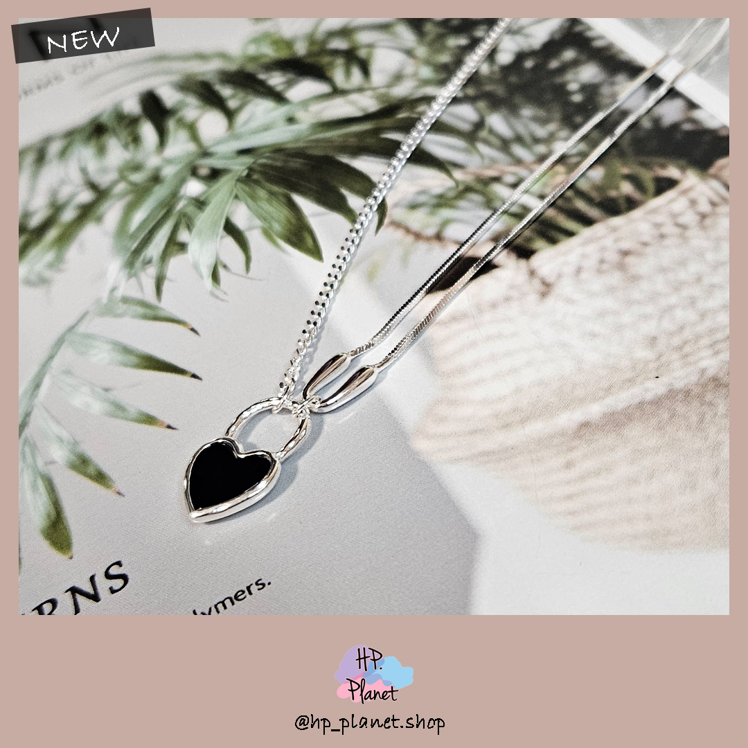 H闆大愛新品!不對稱雙鏈條黑色油滴愛心鎖頭925純銀項鏈