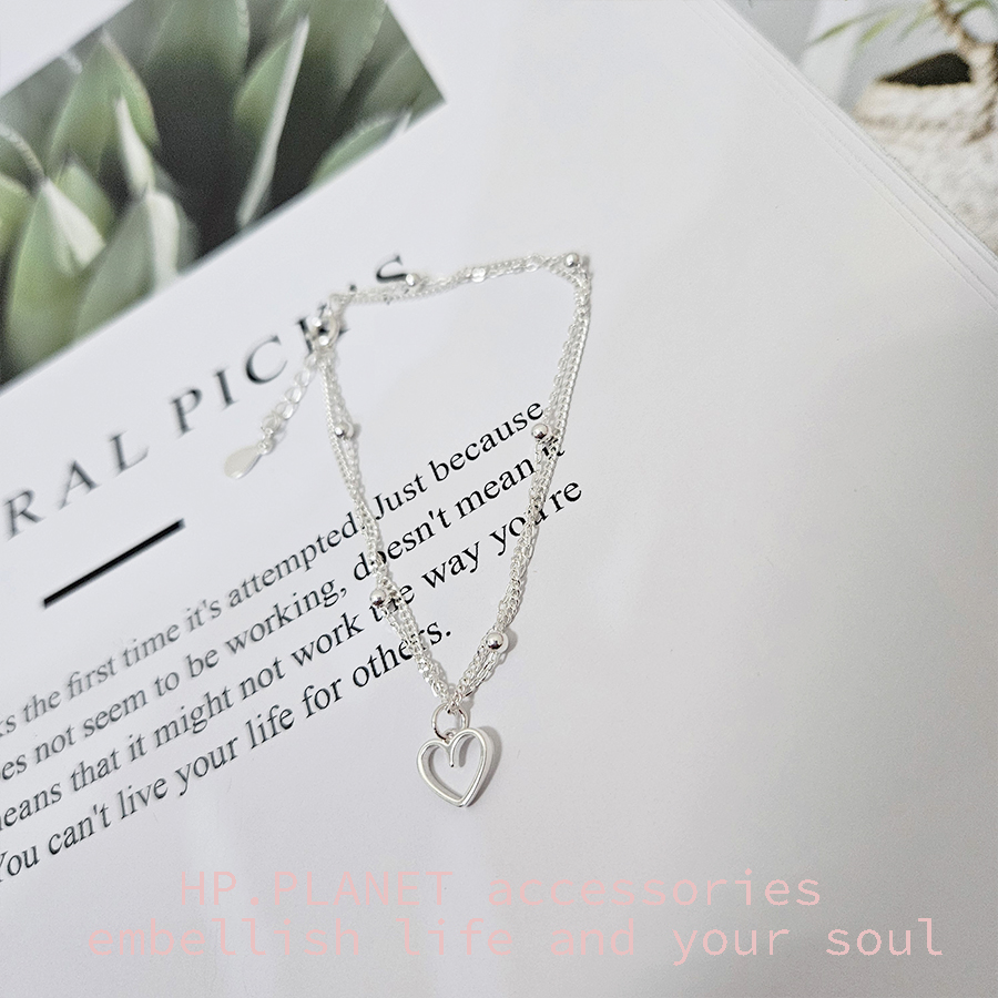 韓國 氣質愛心吊墜拼小珠925純銀雙鍊手飾