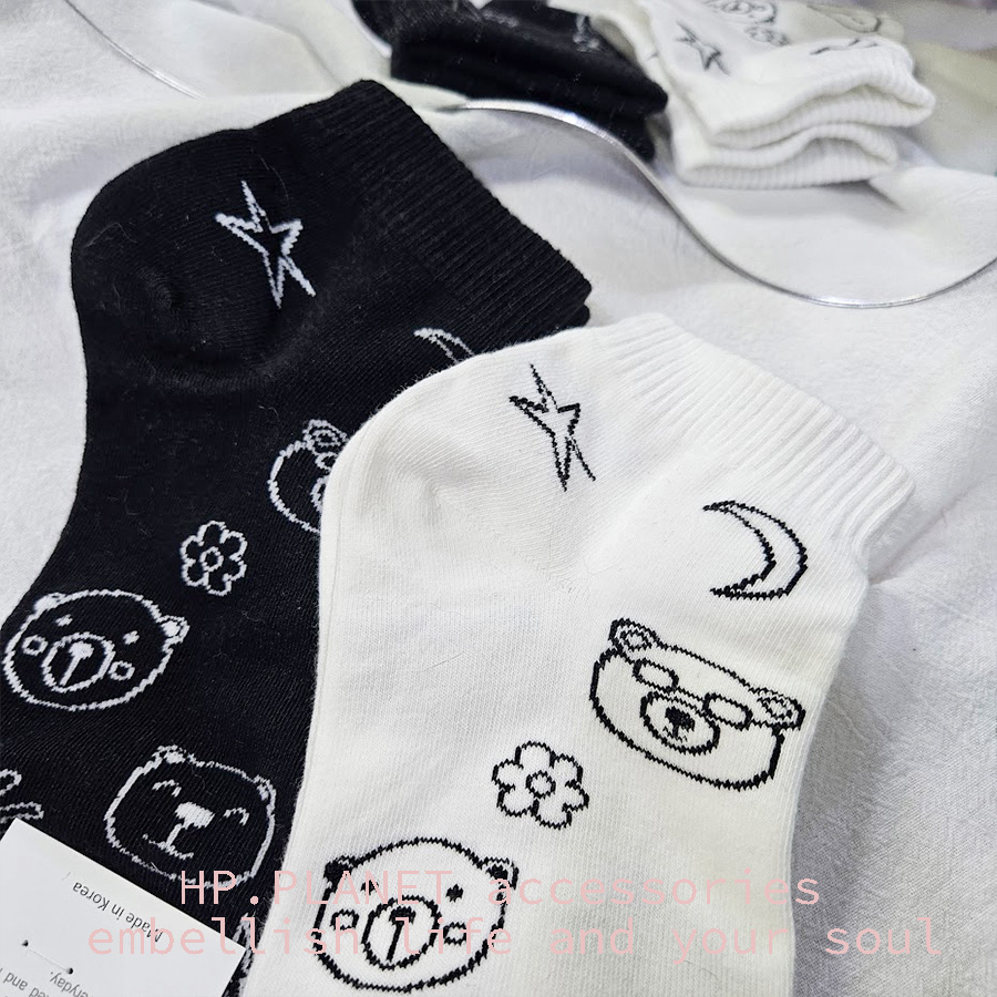 正韓 滿版星星月亮熊腳踝襪