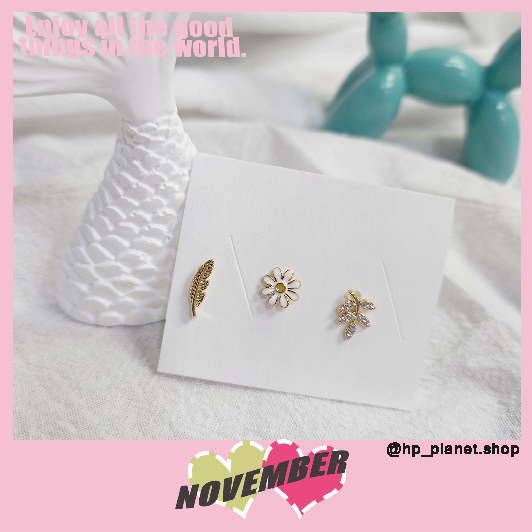 韓國 小巧雛菊•葉子•羽毛 925純銀耳針-三入組 韓國 小巧雛菊•葉子•羽毛 925純銀耳針-三入組