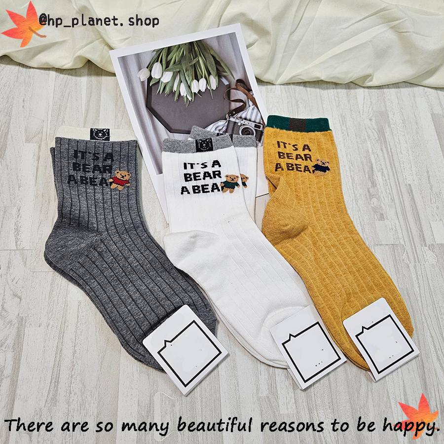 正韓 跳色BEAR熊螺紋短襪