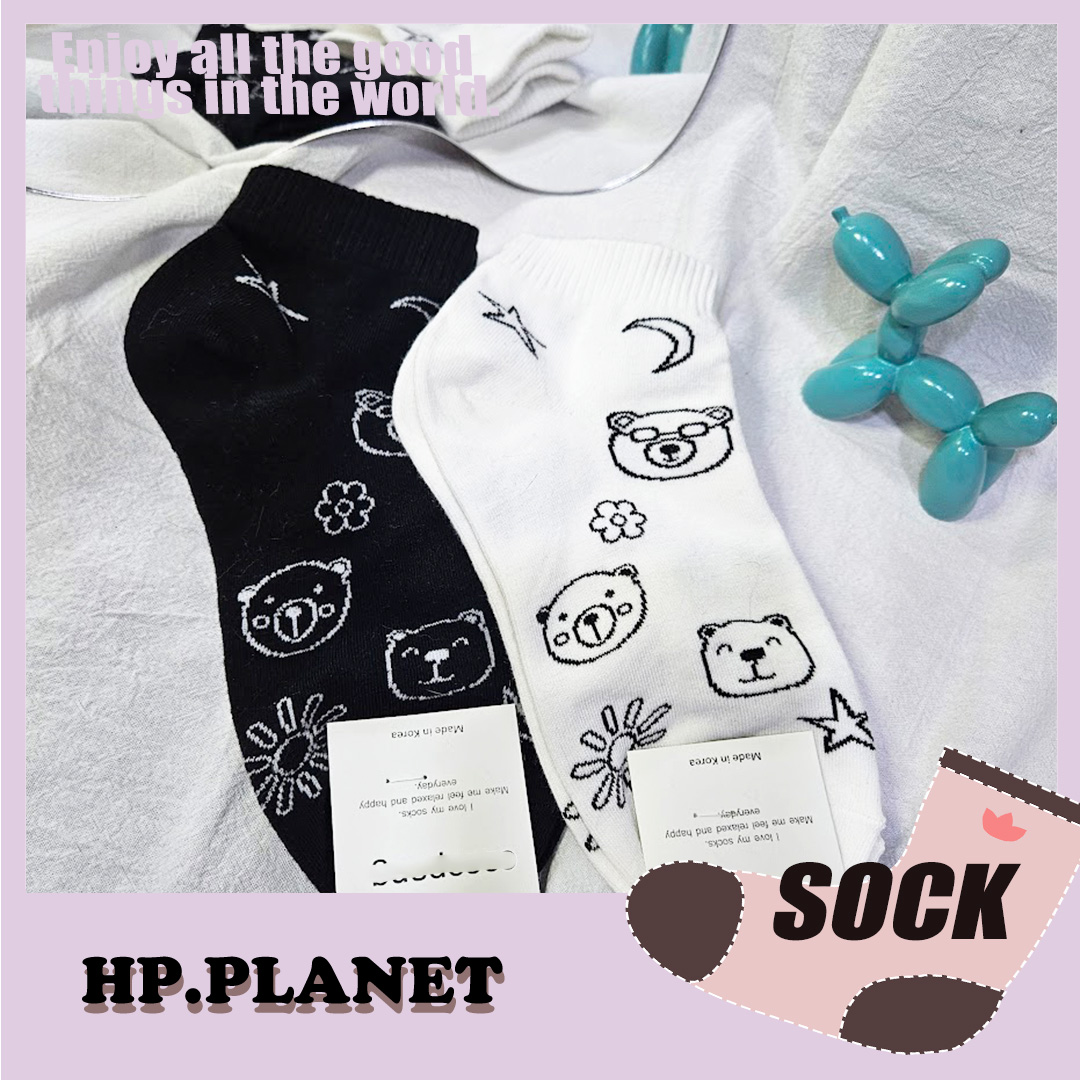 正韓 滿版星星月亮熊腳踝襪