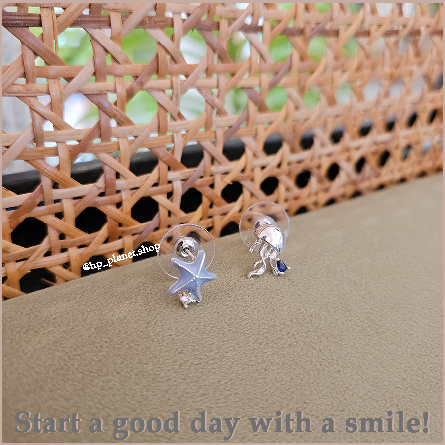 水藍色海星星水母925純銀耳釘