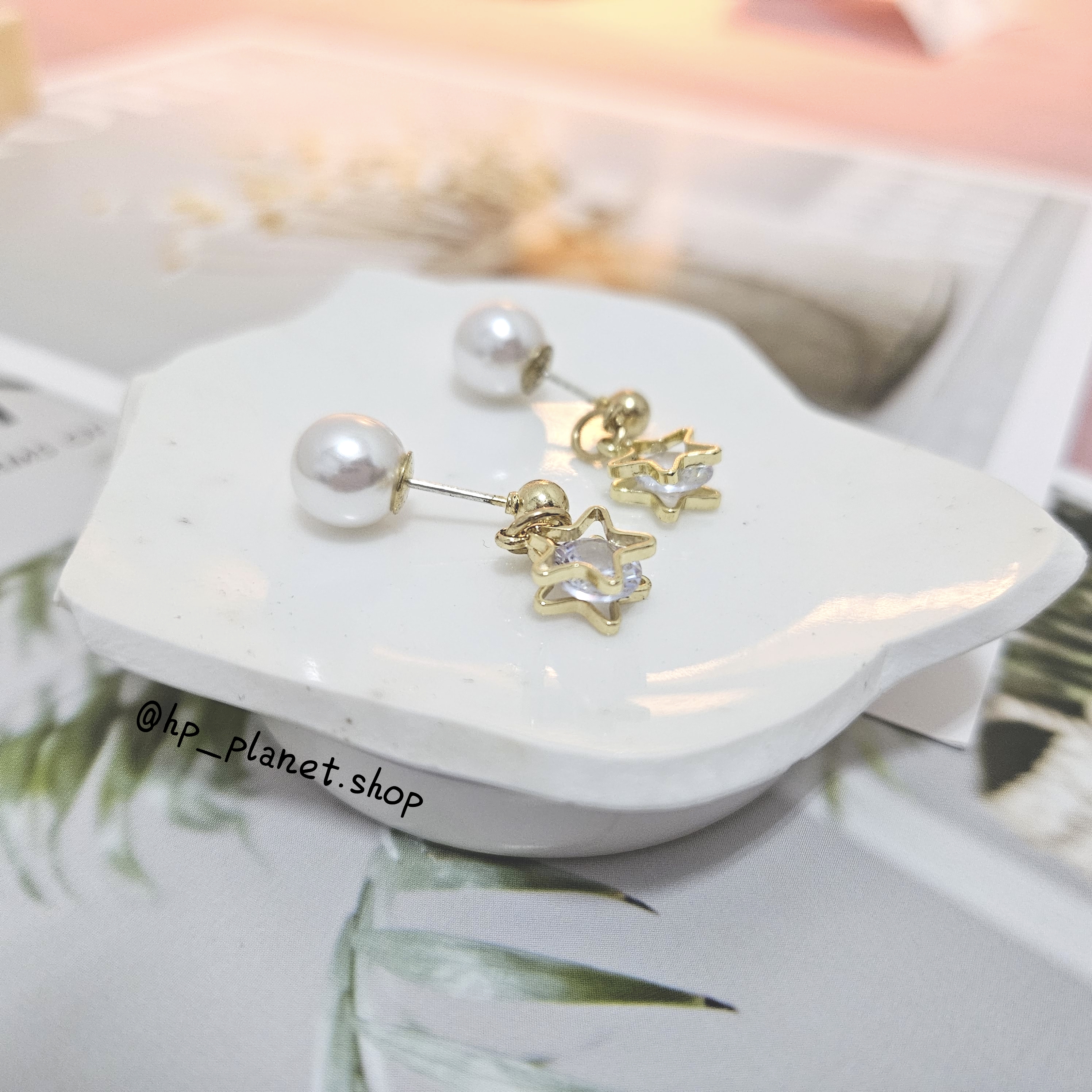 珍珠星星鑲鑽吊墜925銀針