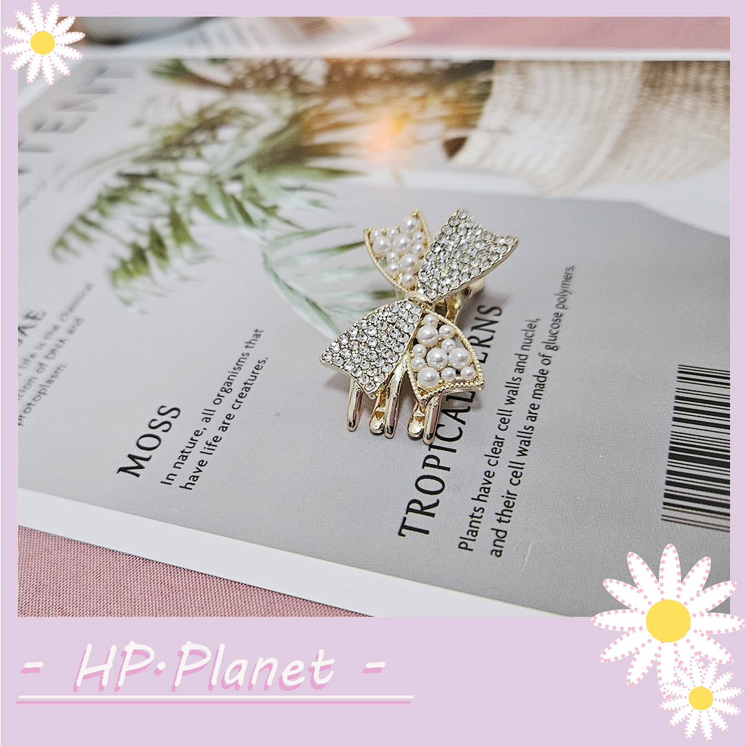 韓國 氣質鋯石鑽大小珍珠蝴蝶結髮夾