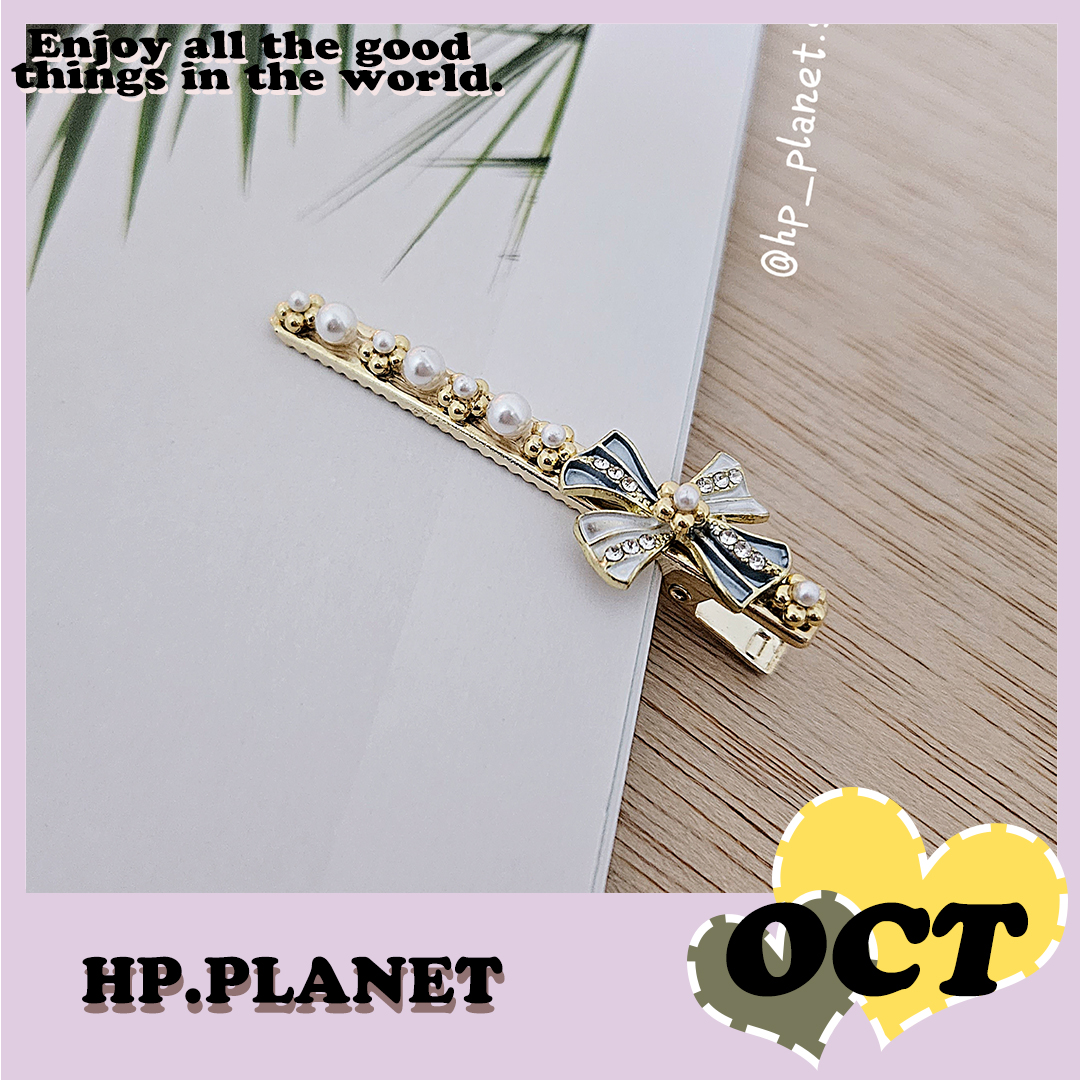 正韓 仙女系藍色滴油緞帶金色珍珠小花壓夾