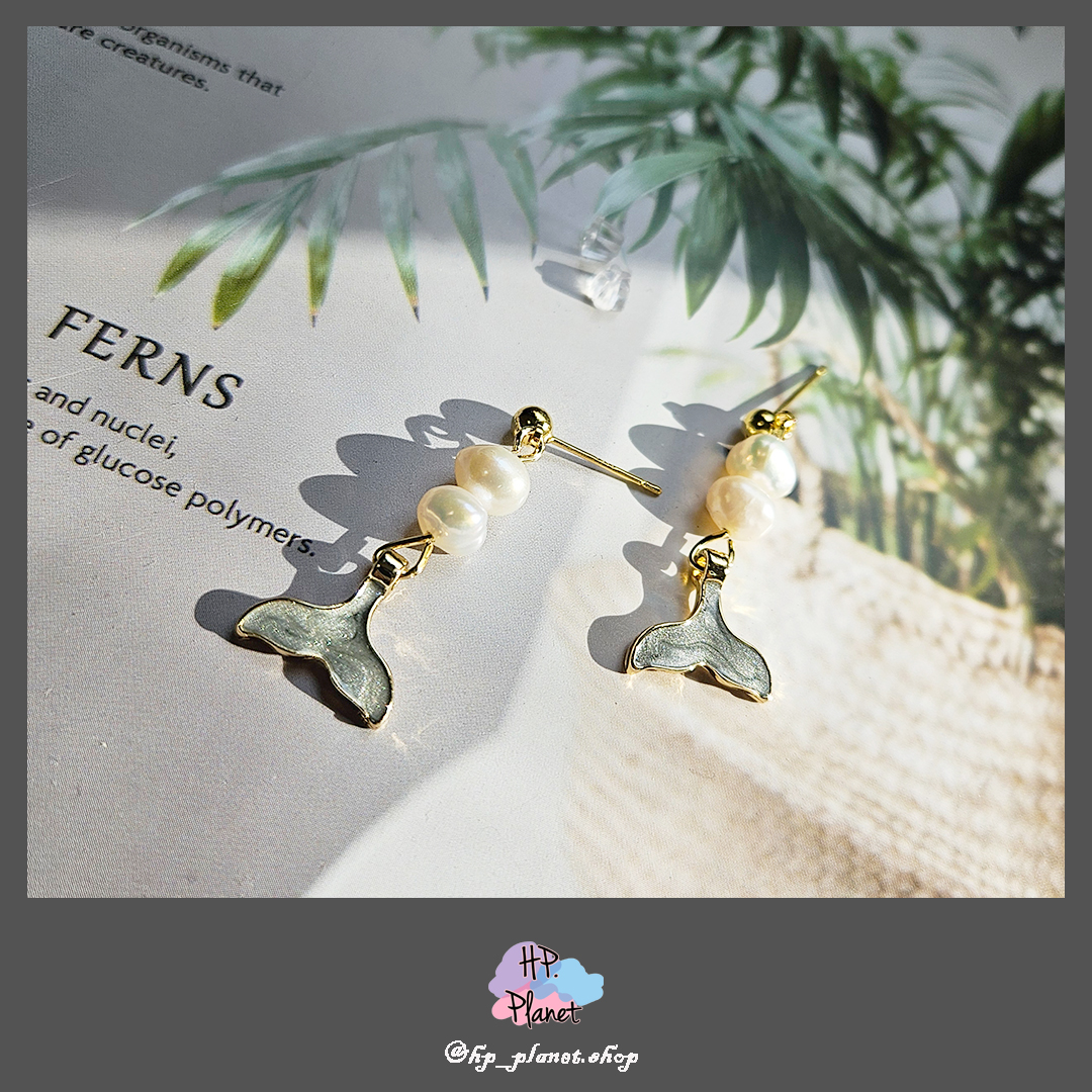 925銀針淡水珍珠流沙感滴油人魚尾耳環 925銀針淡水珍珠流沙感滴油人魚尾耳環