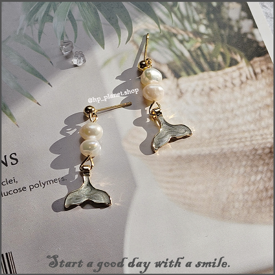 925銀針淡水珍珠流沙感滴油人魚尾耳環