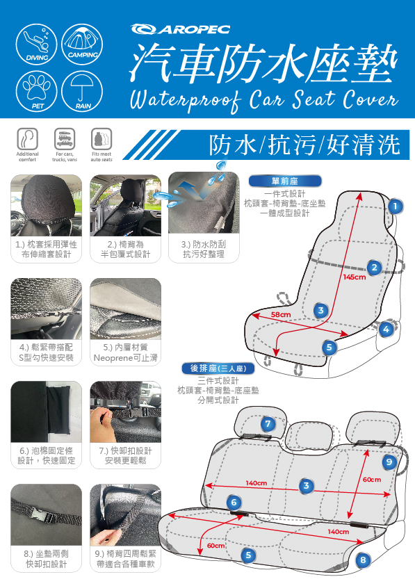 Aropec；防水抗汙耐磨座墊；登山潛水溯溪防水座墊；彈性布料；好拆卸好安裝；