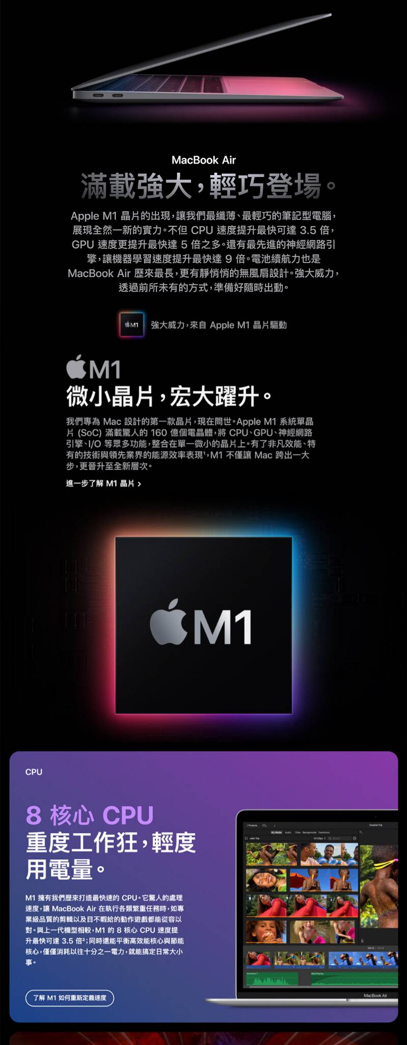 全新MacBook Air M1:輕巧設計,強大性能 MacBook Air M1特色介紹,展示其輕薄外型和卓越的處理器性能,適合追求高效能和便攜性的專業人士。