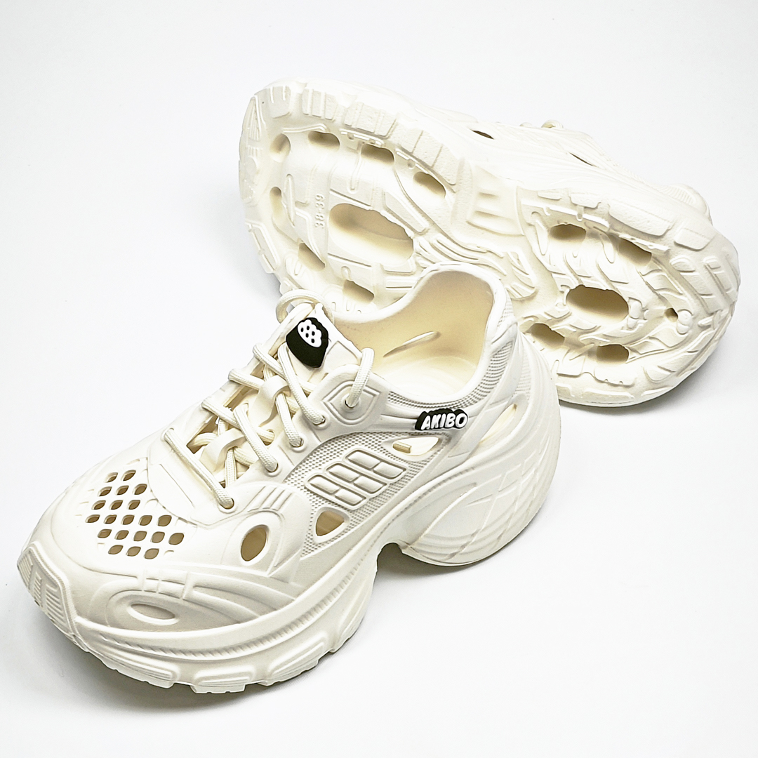 AKIBO輕量透氣老爹鞋-牛奶白(女款、6公分厚底增高、一體成型、輕量、耐走、防水)