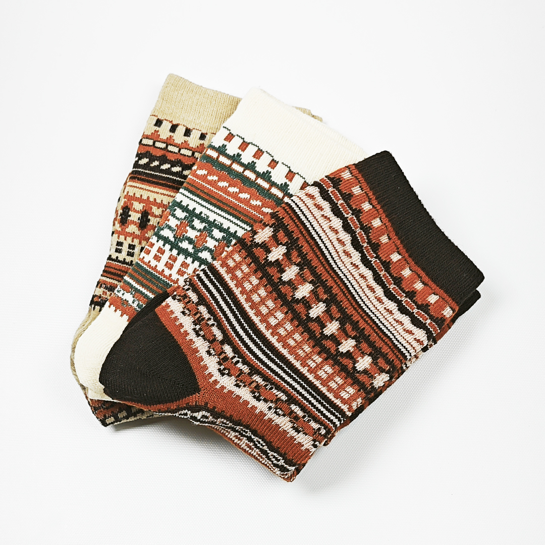 AKIBO民族風織紋中筒襪(三件組)