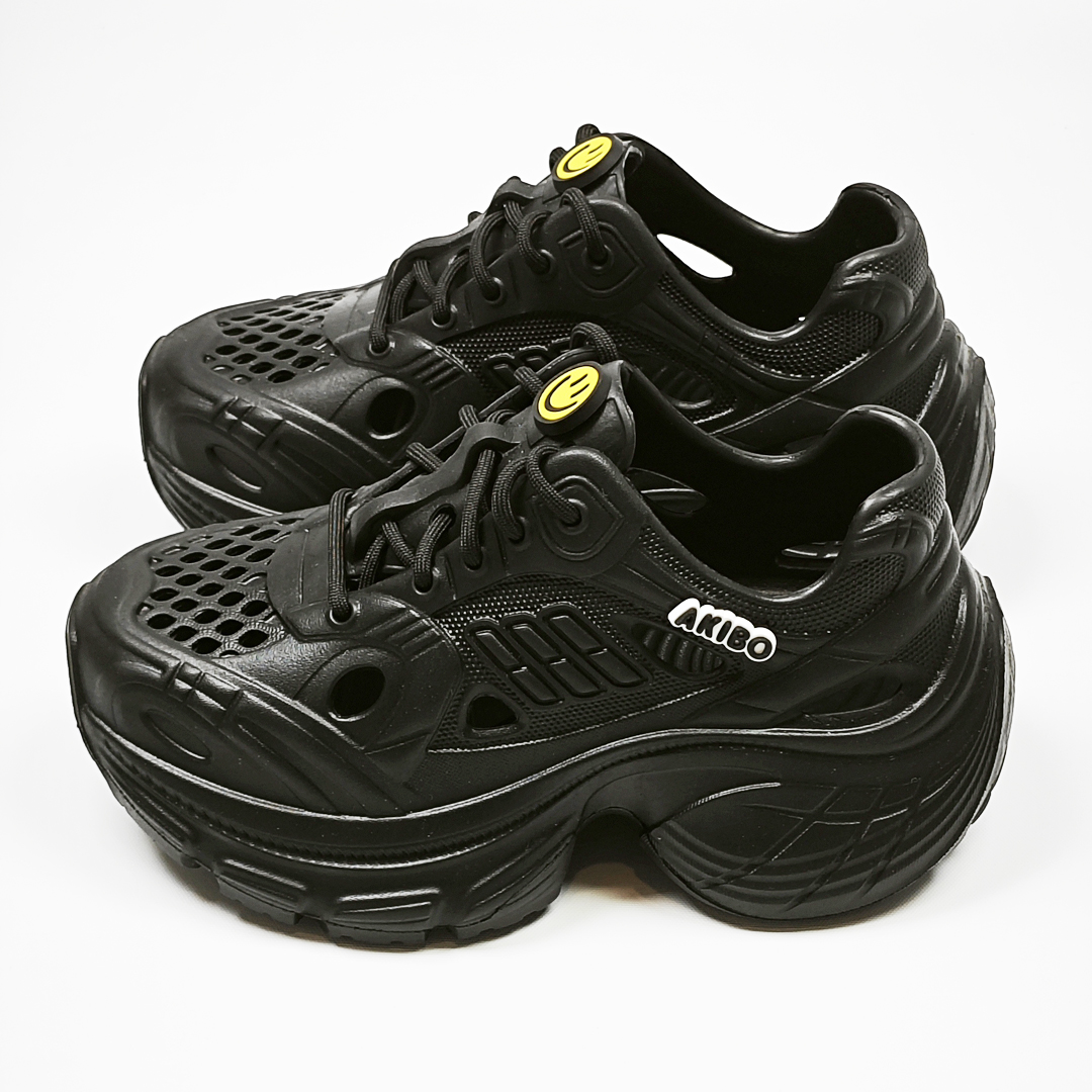 AKIBO輕量透氣老爹鞋-經典黑(女款、6公分厚底增高、一體成型、輕量、耐走、防水)