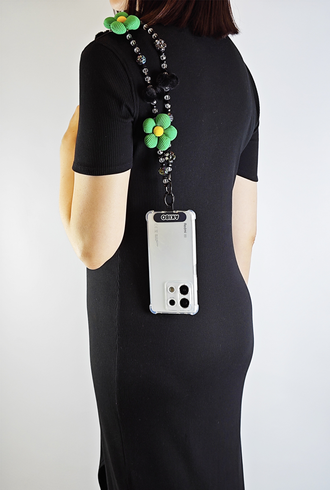 AKIBO珠光雪羽包包手機掛繩-經典黑