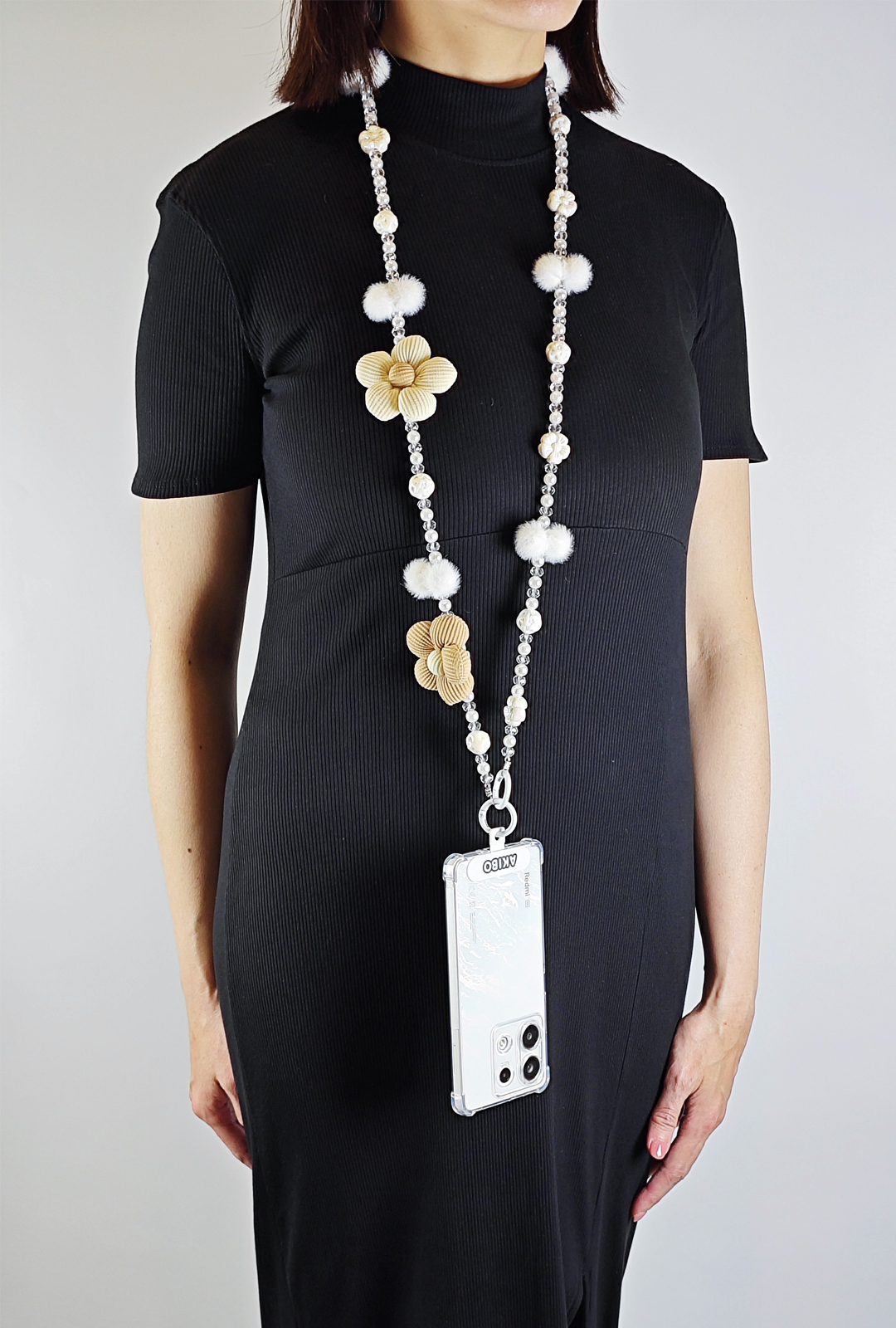 AKIBO珠光雪羽包包手機掛繩-牛奶白