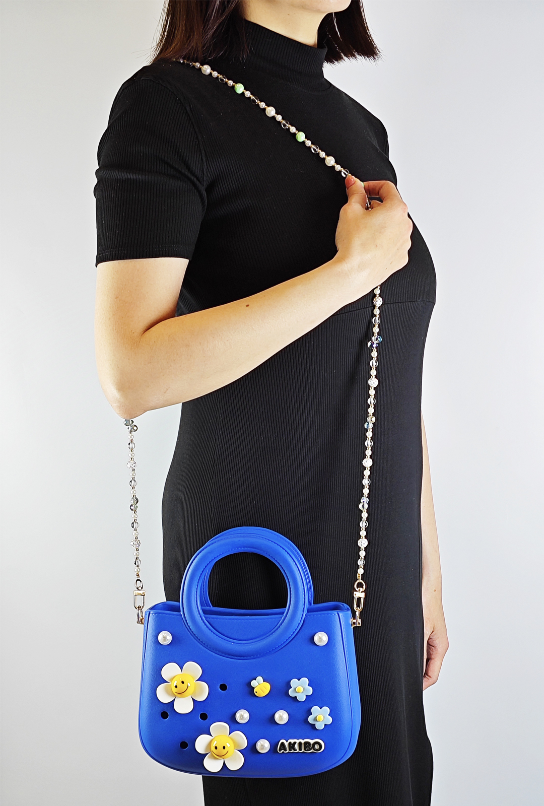 AKIBO滿月包-寶石藍 / 巴洛克彩珠背帶 (肩背手提洞洞包。中性款、輕量、防水) 