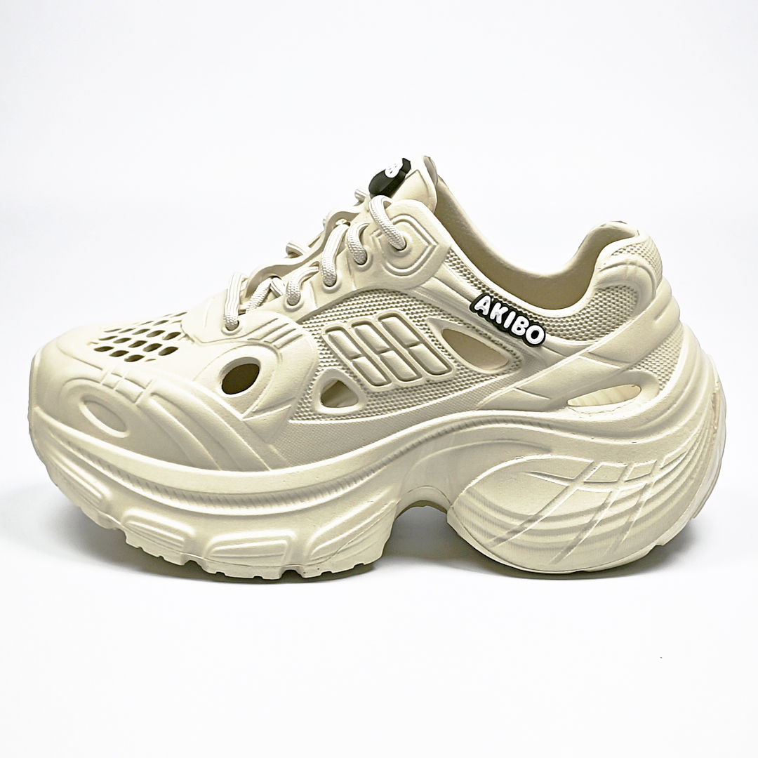 AKIBO輕量透氣老爹鞋-奶油白(女款、6公分厚底增高、一體成型、輕量、耐走、防水)
