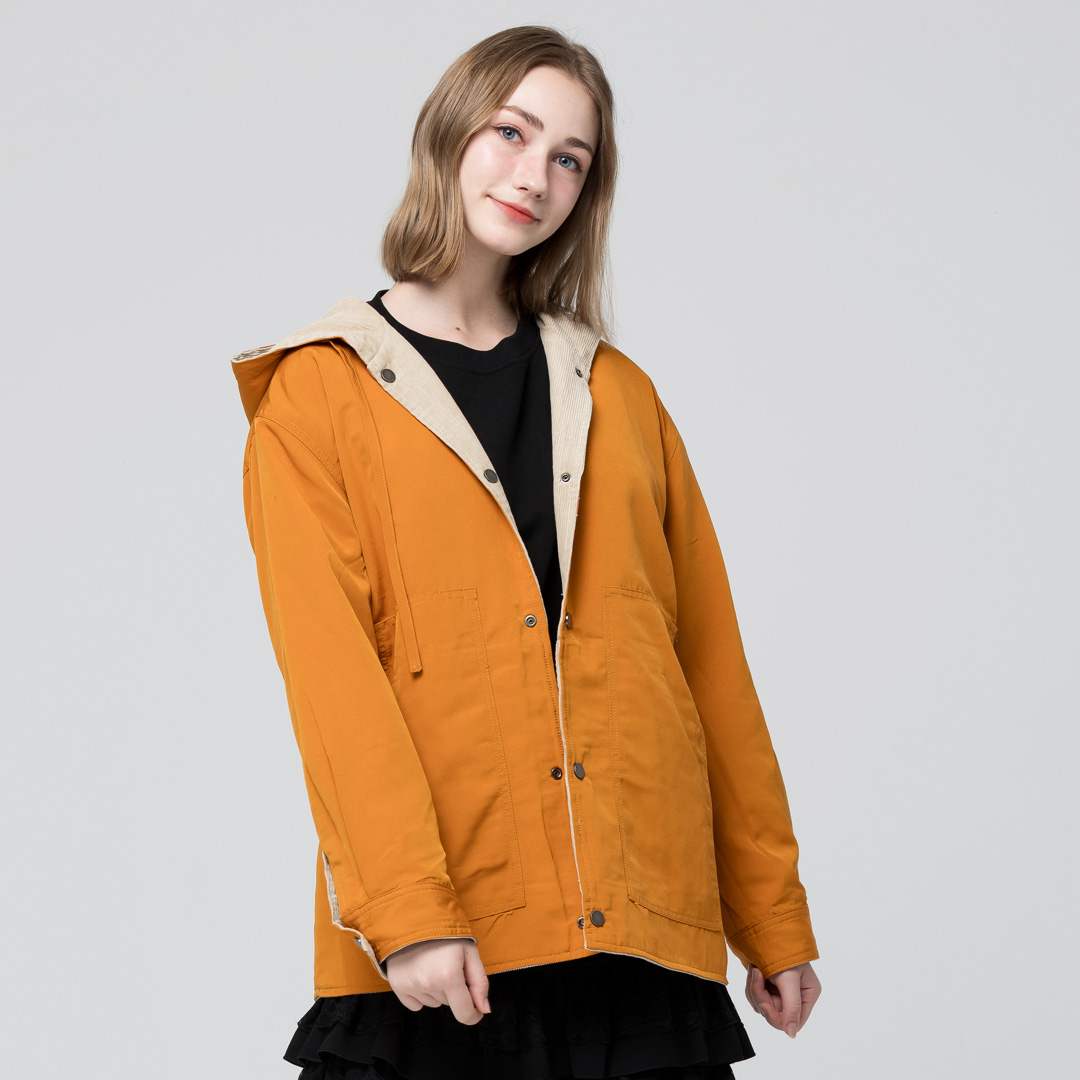 KANGOL袋鼠中性雙面燈芯絨防潑水外套-卡其