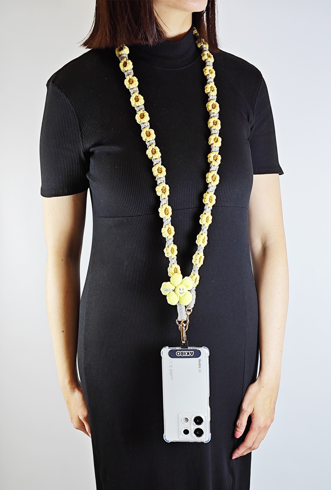 AKIBO手工編織花朵包包手機掛繩-陽光黃