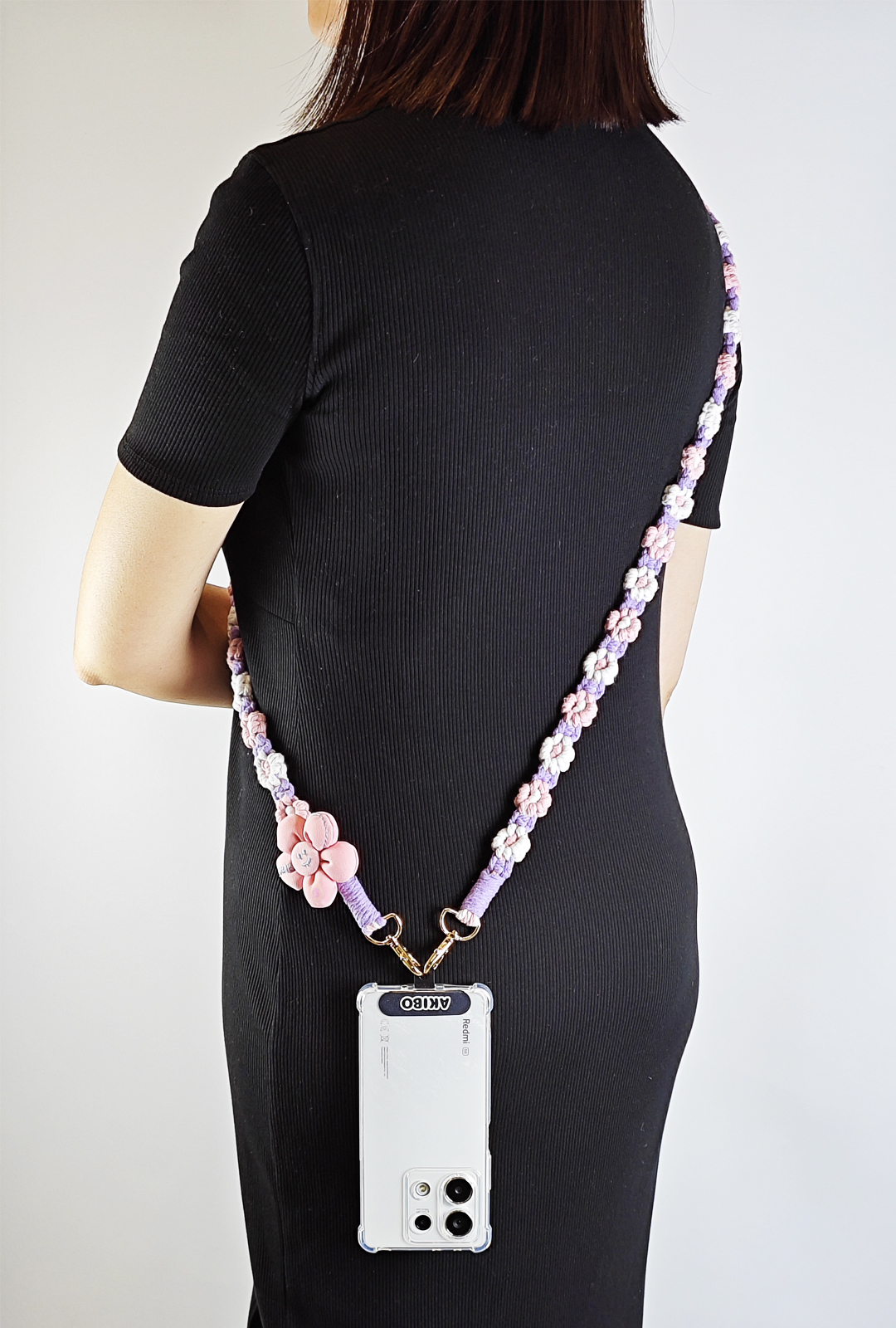 AKIBO手工編織花朵包包手機掛繩-丁香紫