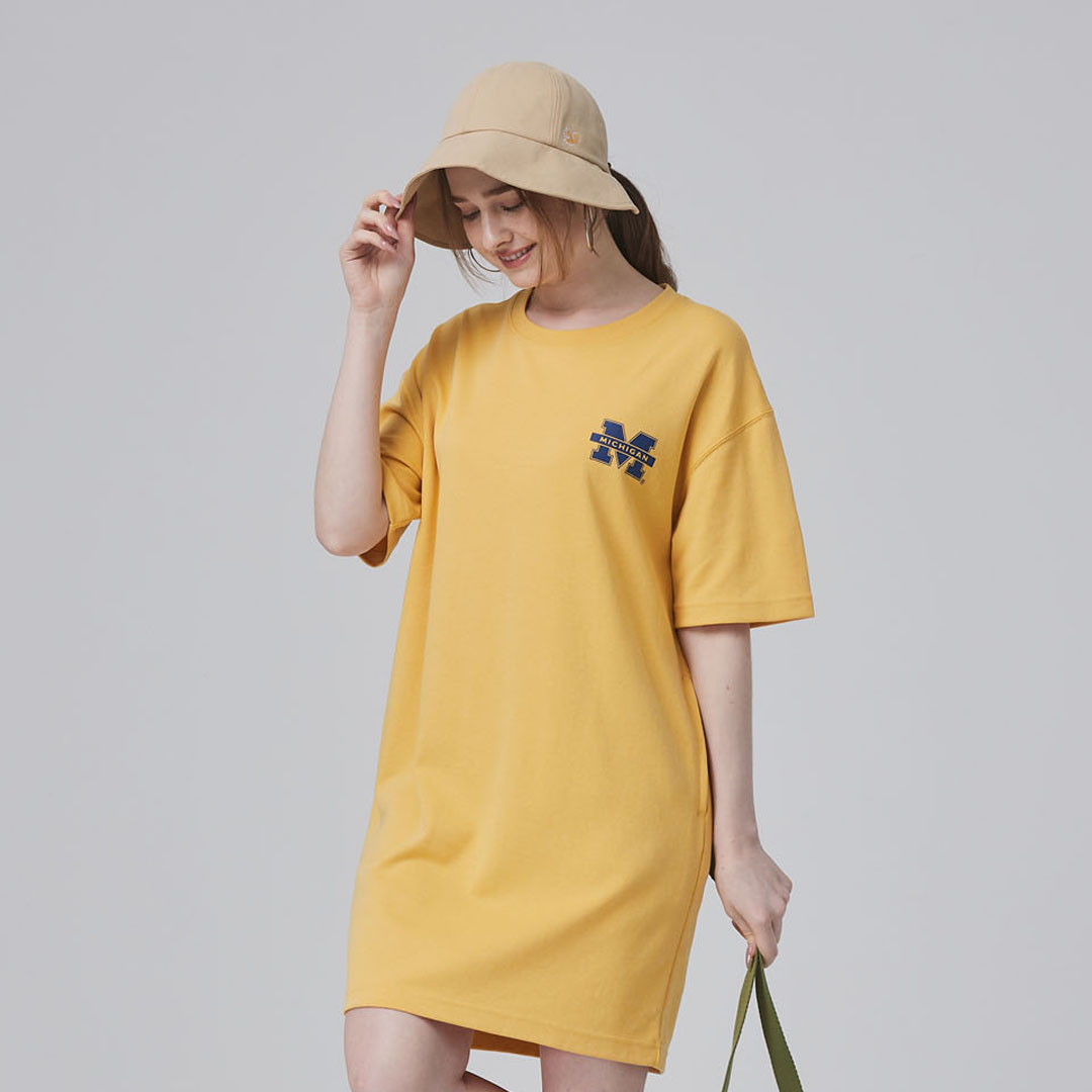 NCAA-密西根大學Michigan落肩漸層小發泡洋裝-黃