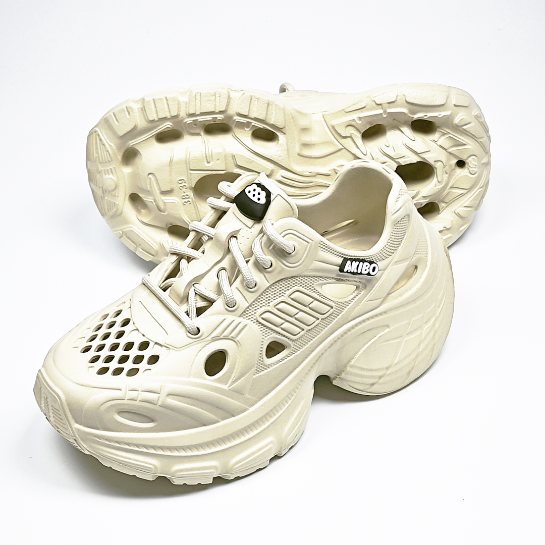 AKIBO輕量透氣老爹鞋-奶油白(女款、6公分厚底增高、一體成型、輕量、耐走、防水)