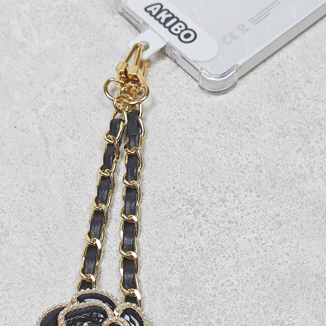 AKIBO皮革花漾包包手機掛繩-經典黑