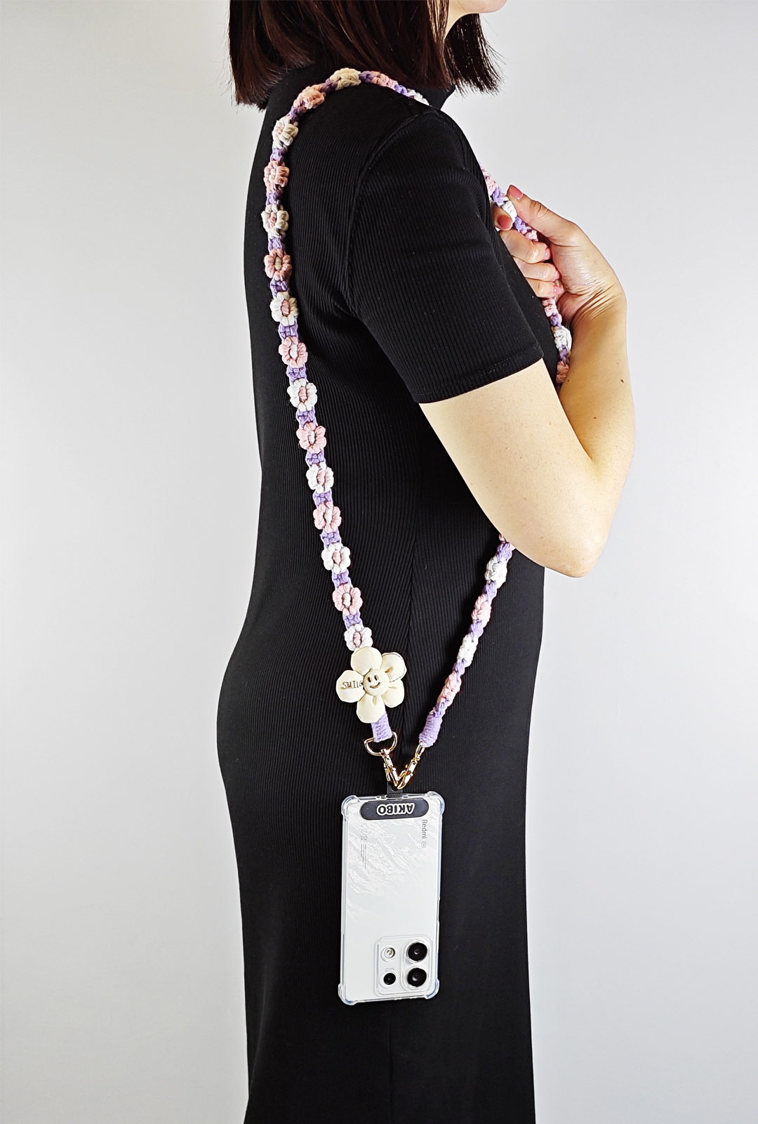 AKIBO手工編織花朵包包手機掛繩-薰衣紫