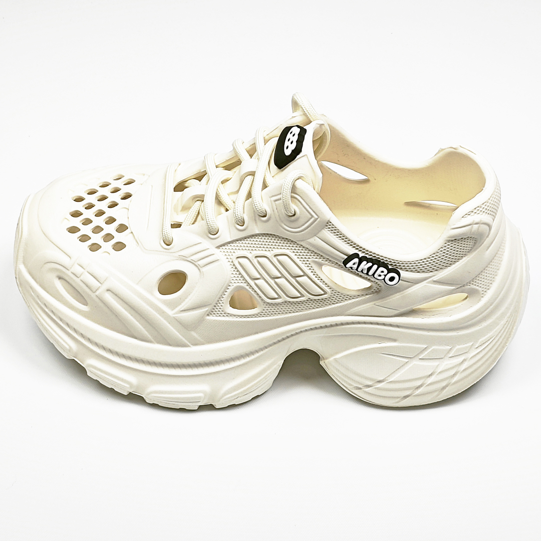 AKIBO輕量透氣老爹鞋-牛奶白(女款、6公分厚底增高、一體成型、輕量、耐走、防水)