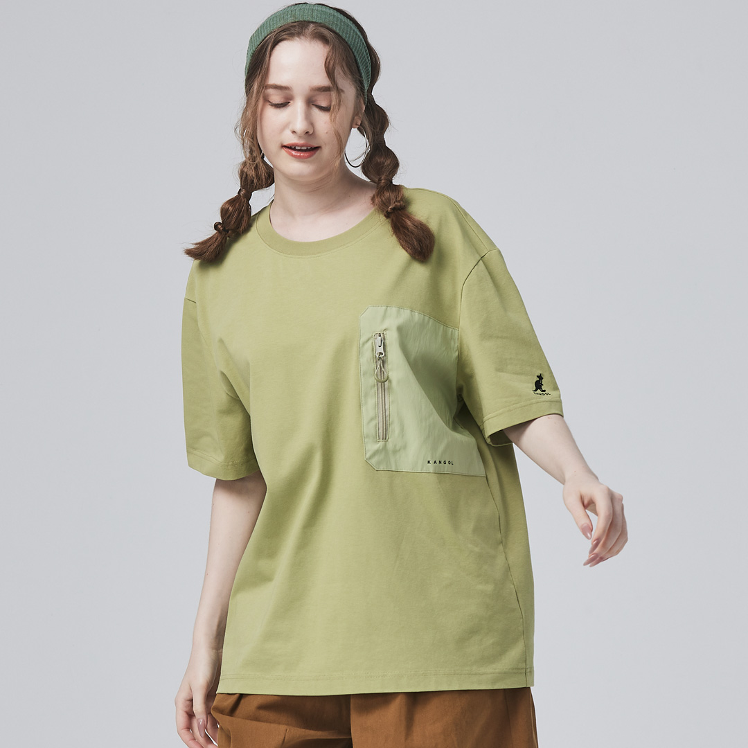 KANGOL中性寬版口袋T-綠