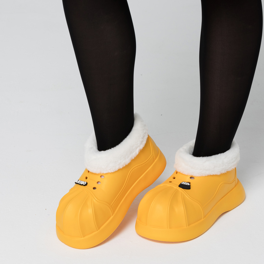 AKIBO毛毛洞洞短靴-陽光黃(4公分厚底增高、雲朵感、輕量、保暖)