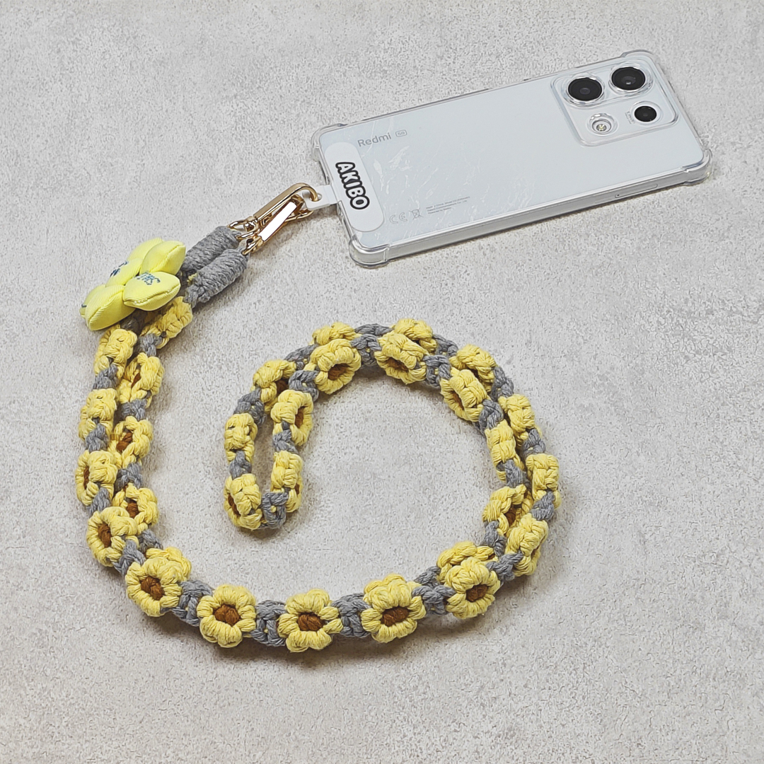 AKIBO手工編織花朵包包手機掛繩-陽光黃