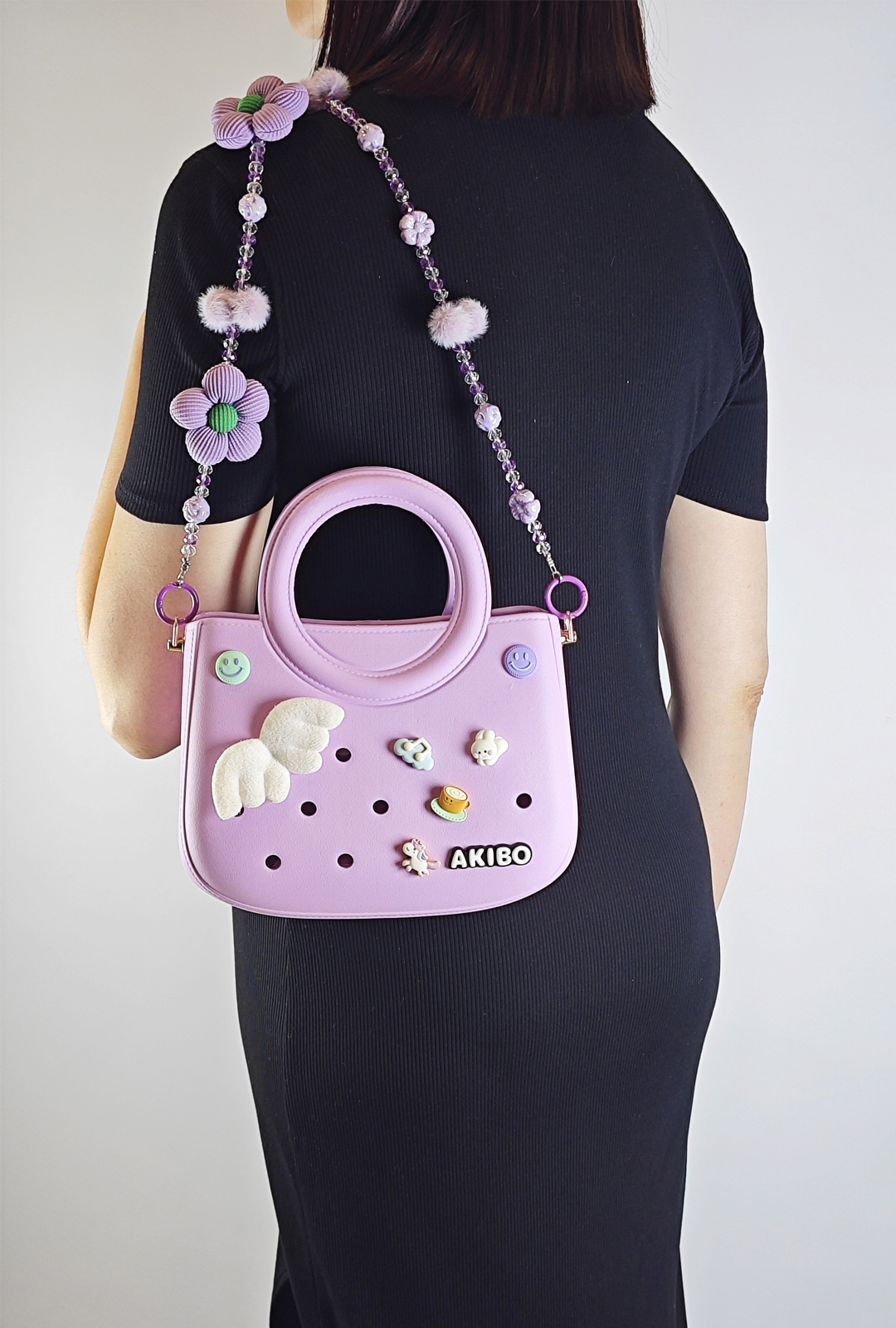 AKIBO滿月包-薰衣紫/珠光雪羽背帶 (肩背手提洞洞包。中性款、輕量、防水)