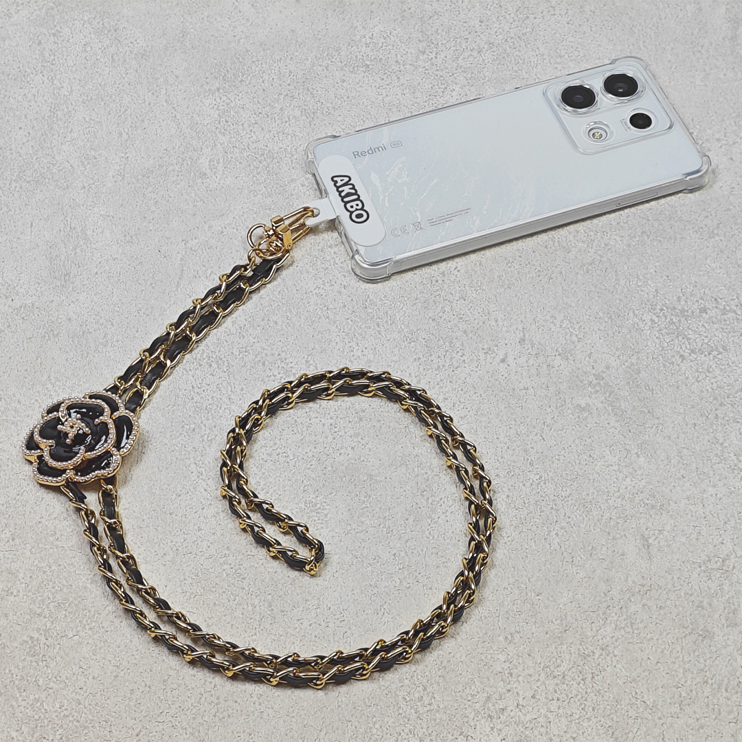 AKIBO皮革花漾包包手機掛繩-經典黑