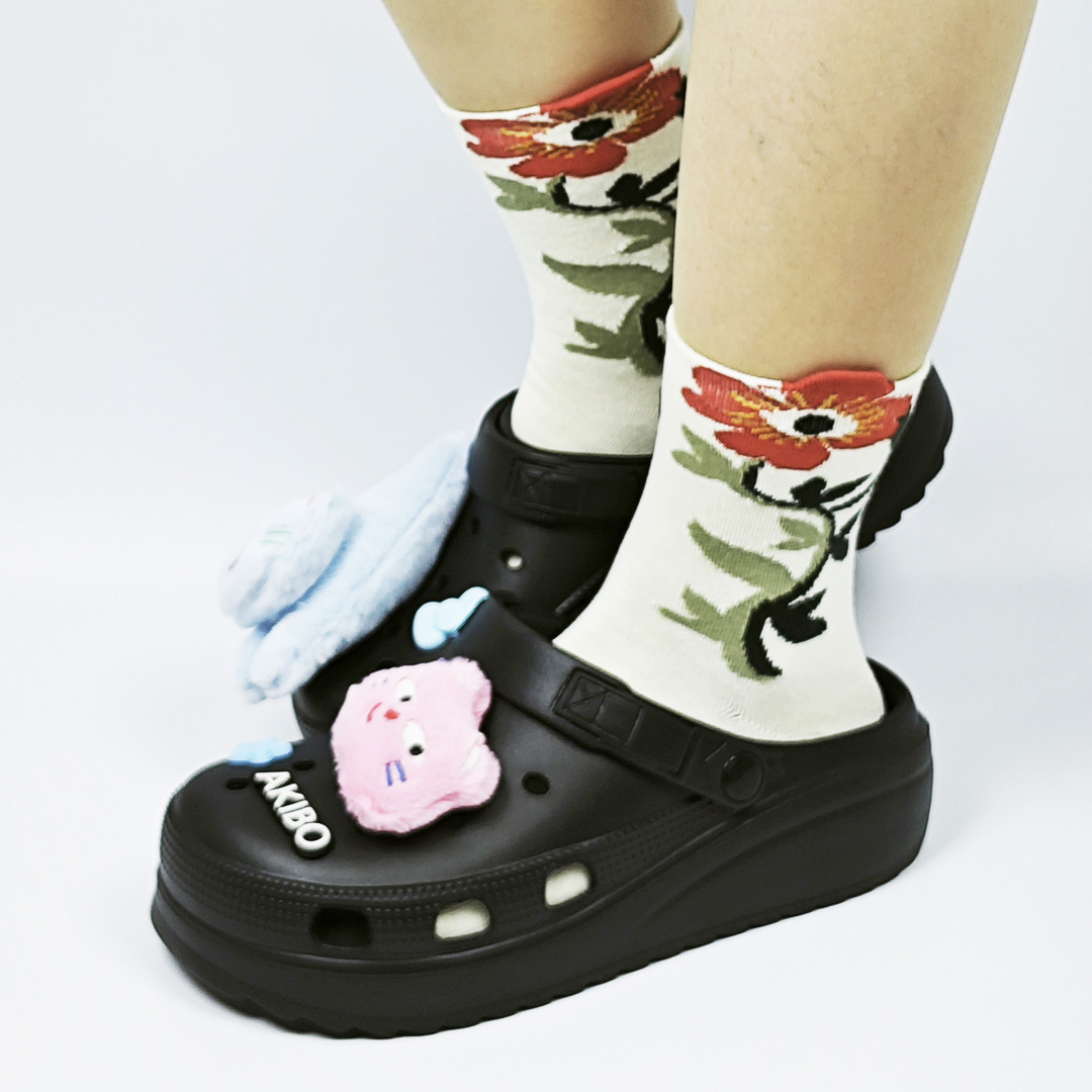 AKIBO森系春木花語中筒襪(三件組)-女款